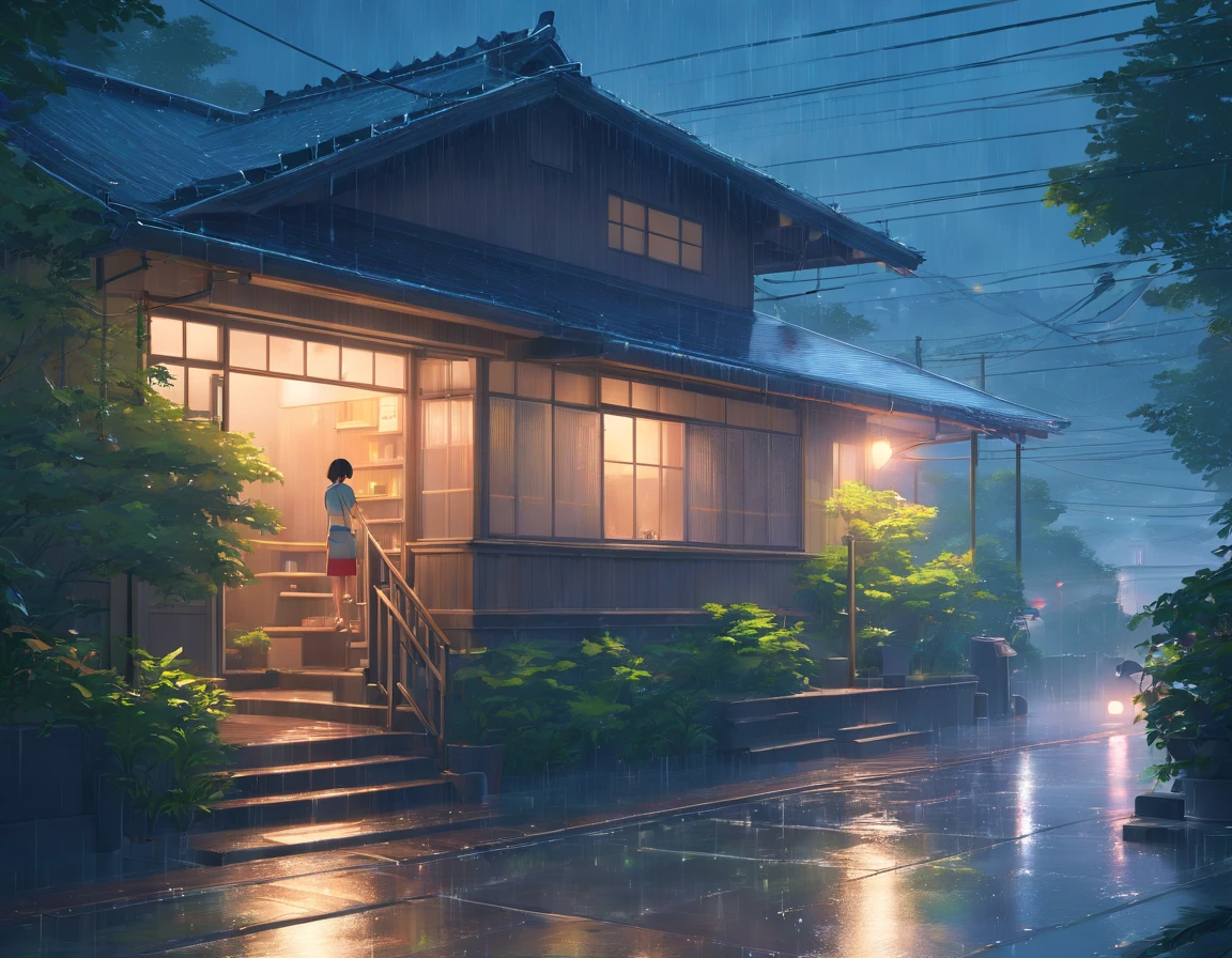 a house in the rain with the lights on, a detailed matte painting by Igor Zenin, shutterstock contest winner, magical realism, volumetric lighting, unreal engine 5, unreal engine with rain