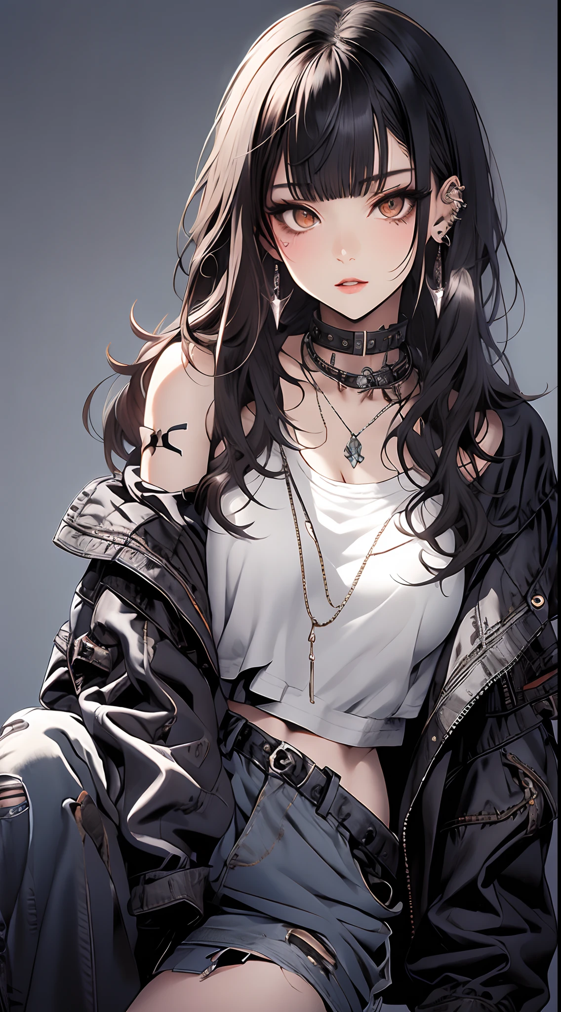 masterpiece, best quality, PIXIV, cool girl, lots of piercings, earrings, dark brown hair, curly hair, blunt bangs, straight bangs, gray eyes, pale skin, gal, gyaru