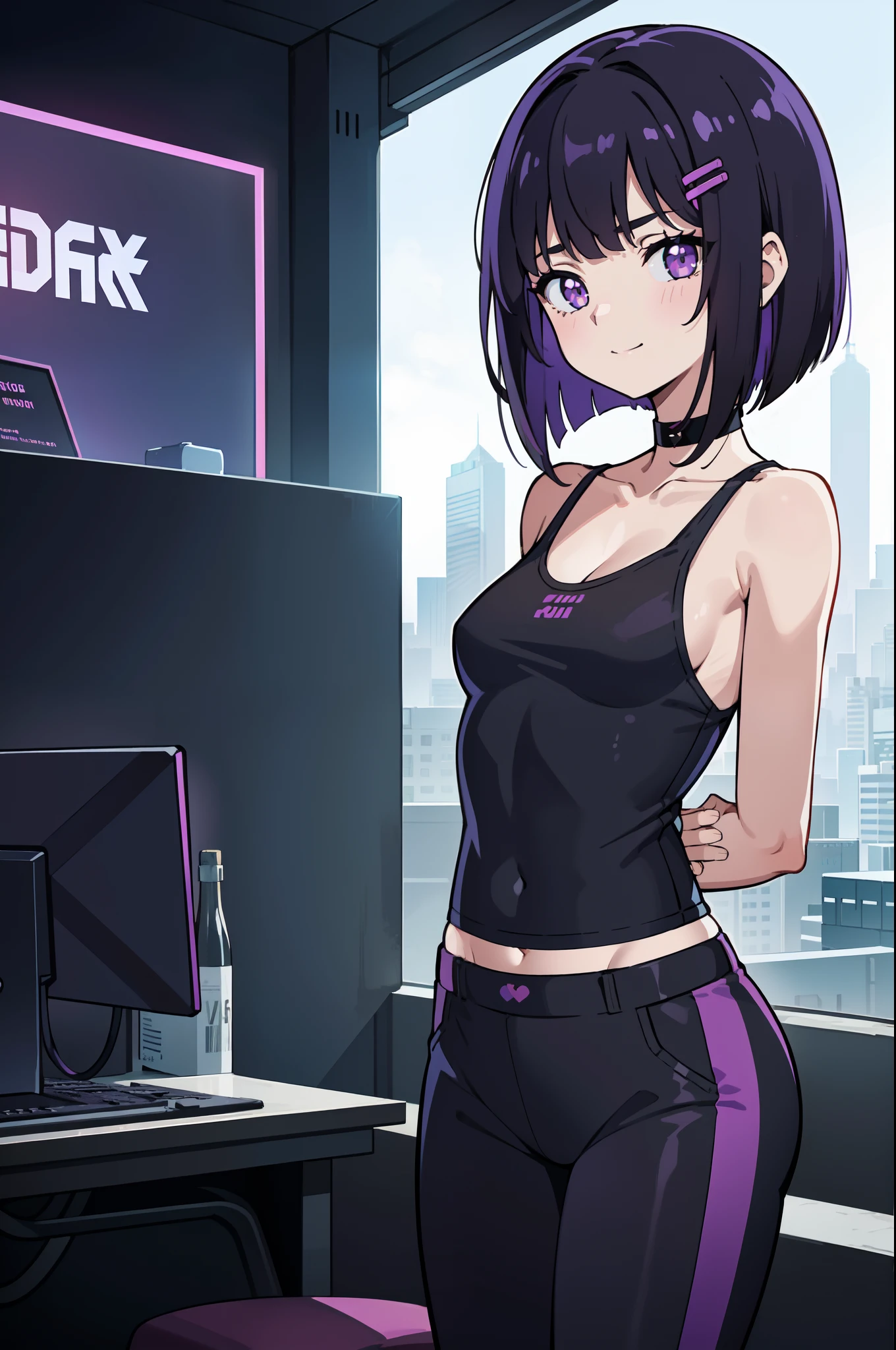 1girl, solo, teen girl, petite, (black hair), (colored inner hair, purple hair), straight hair, (bob cut), short hair, assymmetrical hair, bang pinned back, hairclip, brown eyes, calm behaviour, small smile, inexpressive, medium breasts, choker, white camisole, shirt, sleeveless, bare shoulders, bare arms, leggings, comfy clothes, old fashioned, standing, arms behind back, upper body, bedroom, cyberpunk, computers, technology, purple light, neon posters, masterpiece, best quality, 4k