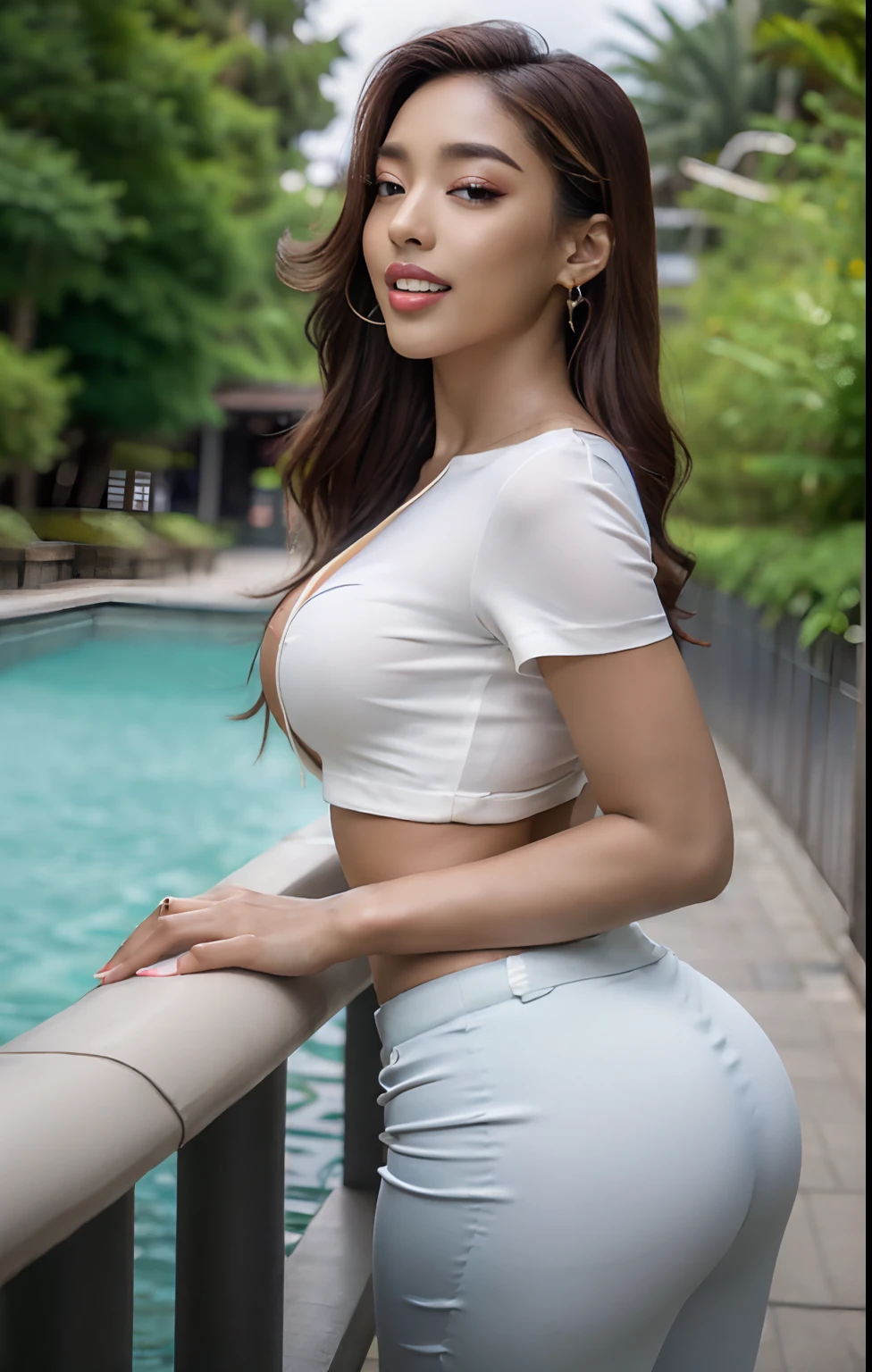 nsfw, 8K raw photo, Best quality, masterpiece, ultra high res, film grain, filmg, 1girl, looking at viewer, natural skin texture, realistic eye and face details, full lips, lipstick, (makeup), red eyeshadow, fluffy long hair, messy hair, smile, close mouth, skinny, thick_thigh, solo, enormous breast, cleavage, Pose with buttocks facing camera, flowing wide pants,long satin pant, accentuated ass, shirt, beautiful nature location, around flower location, (detailed background), satin skirt, white shirt, enormous breast, cleavage, Show a little cleavage through the shirt, loafers, blurry background, blurry, holding, plaid, short sleeves, jk ribbon on the neck, jk ribbon, brown hair, bracelet, water, bangs, jewelry, grey, parted lips, lips, from side, pencil skirt, depth of field,flowing grey satin long pant, flowing pant, ((wide hips, thick thigh, protruding ass)), stunning hourglass figure, satin, accentuated ass