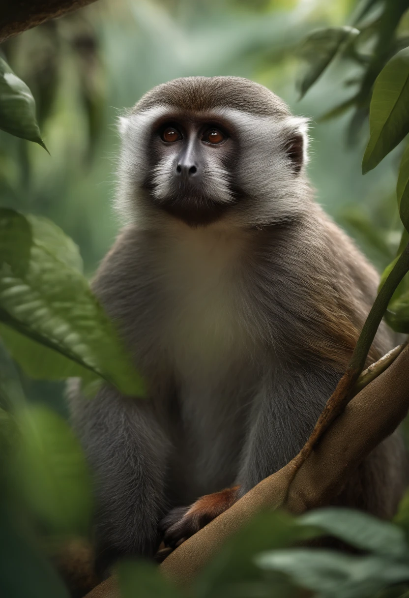T-shirt design of a High-quality, highly detailed, full-length portrait of a Grey-headed Titi Monkey Saguinus leucopus in its natural environment. The artistic design shows the monkey in all its glory, in a tropical jungle, a meandering river. At the bottom, a beautiful centered text says "SAN LUIS", creating an image that combines the beauty of nature with personal and digital art, vivid colors, beautiful heliconias, vector.