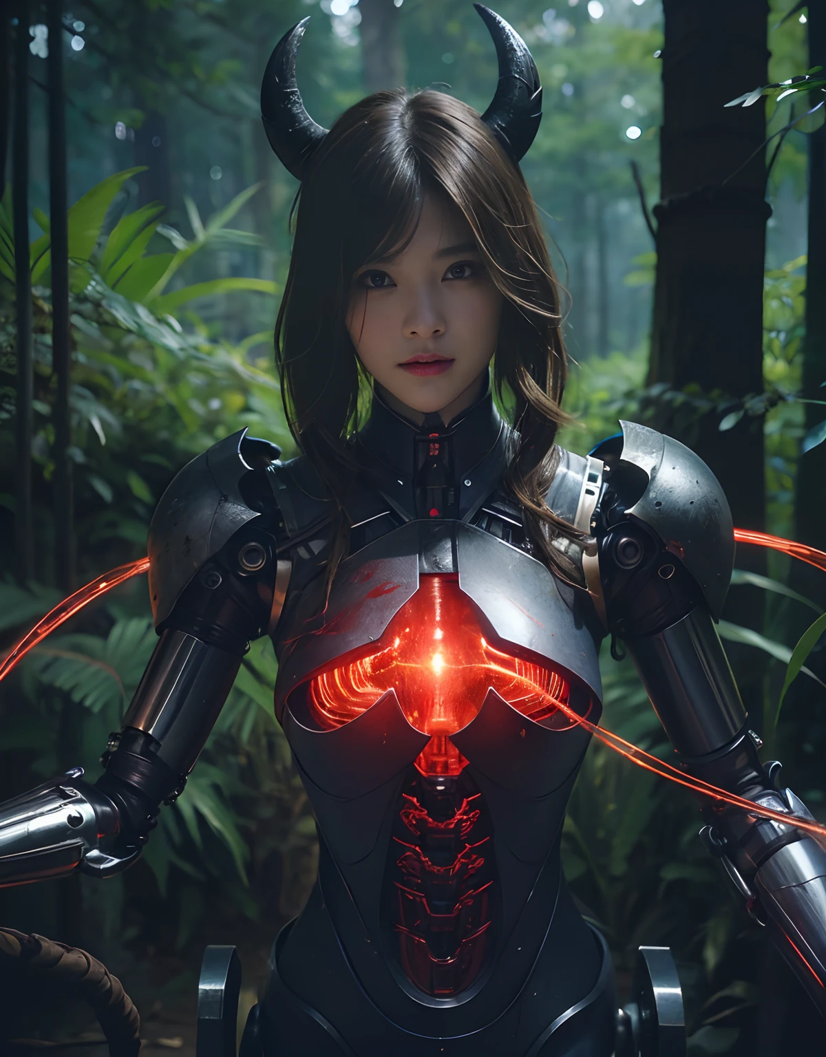 (1 Mechanical Girl)、top-quality、masterpiece、超A high resolution、(Photorealsitic:1.4)、Raw photo、女の子1人、Fight mutants、glowy skin、(((1 Mechanical Girl)))、With a beautiful knife、(Yellow Metal Bodysuit)、(Kobold、ogre、Fierce battle with orcs),(Fight fiercely against aliens)、Fight fiercely、(beautiful forest background)、(Fighting Demonic Beasts)、(Small LED)、((super realistic details))、portlate、(Strong giant demon beast background),globalillumination、Shadow、octan render、8K、ultrasharp、Colossal tits、Raw skin is exposed in cleavage、metals、Details of complex ornaments、Japan details、highly intricate detail、Realistic light、(Mystical expression),CGSoation Trends、Red Eyes、radiant eyes、Facing the camera、neon details、(Mechanical limbs)、(blood vessels connected to tubes)、Mechanical vertebrae attached to the back、mechanical cervical attaching to neck、(Wires and cables connecting to the head)、Gundam、Small LED、,Mechanical thighs、Toostock、(Hands are also made of machines)、(Attack of the Monster Beasts)、(Wounded in a deadly battle)、