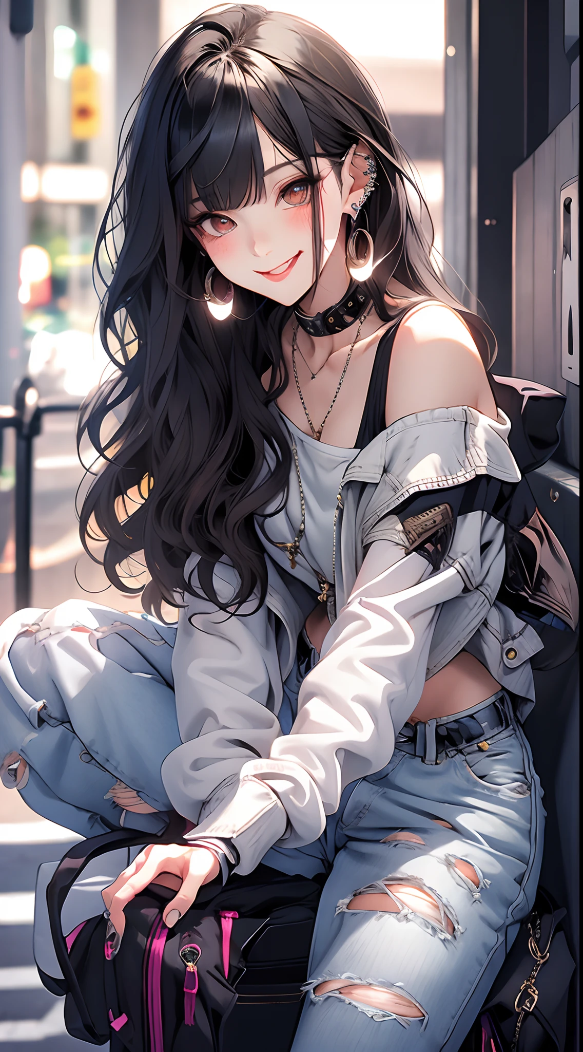 masterpiece, best quality, PIXIV, cool girl, lots of piercings, earrings, dark brown hair, curly hair, blunt bangs, straight bangs, gray eyes, pale skin, gal, gyaru, cute face, sticking out tongue, smile