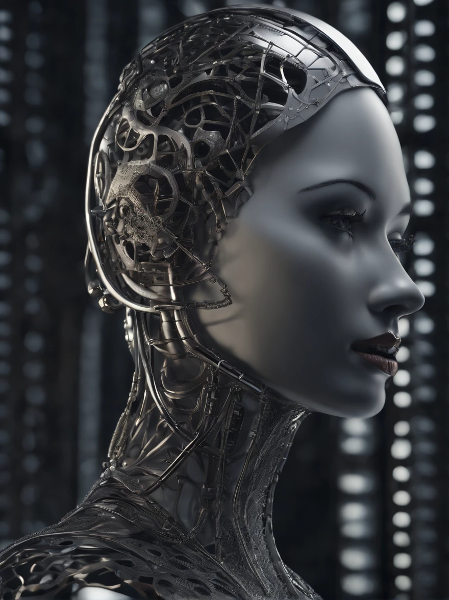Intricate 3d render highly detailed of a beautiful ceramic silhouette woman robot upper body, robot, robot parts, 150 mm, beautiful studio soft light, rim light, vibrant details, luxurious cyberpunk, lace, surreal , Anatomy, Facial Muscles, Cable Wires, Microchip, Elegant, Beautiful Background, Octane Rendering, HR Giger Style, 8k, Best Quality, Masterpiece, Illustration, Very Delicate and Beautiful, Very Detailed, CG, Uniform, wallpapers, (realistic, realistic: 1.37), stunning, fine detail, masterpiece, best quality, official art, extremely detailed cg unity 8k wallpapers, absurd, unbelievably absurd, robot, silver helmet, whole body,