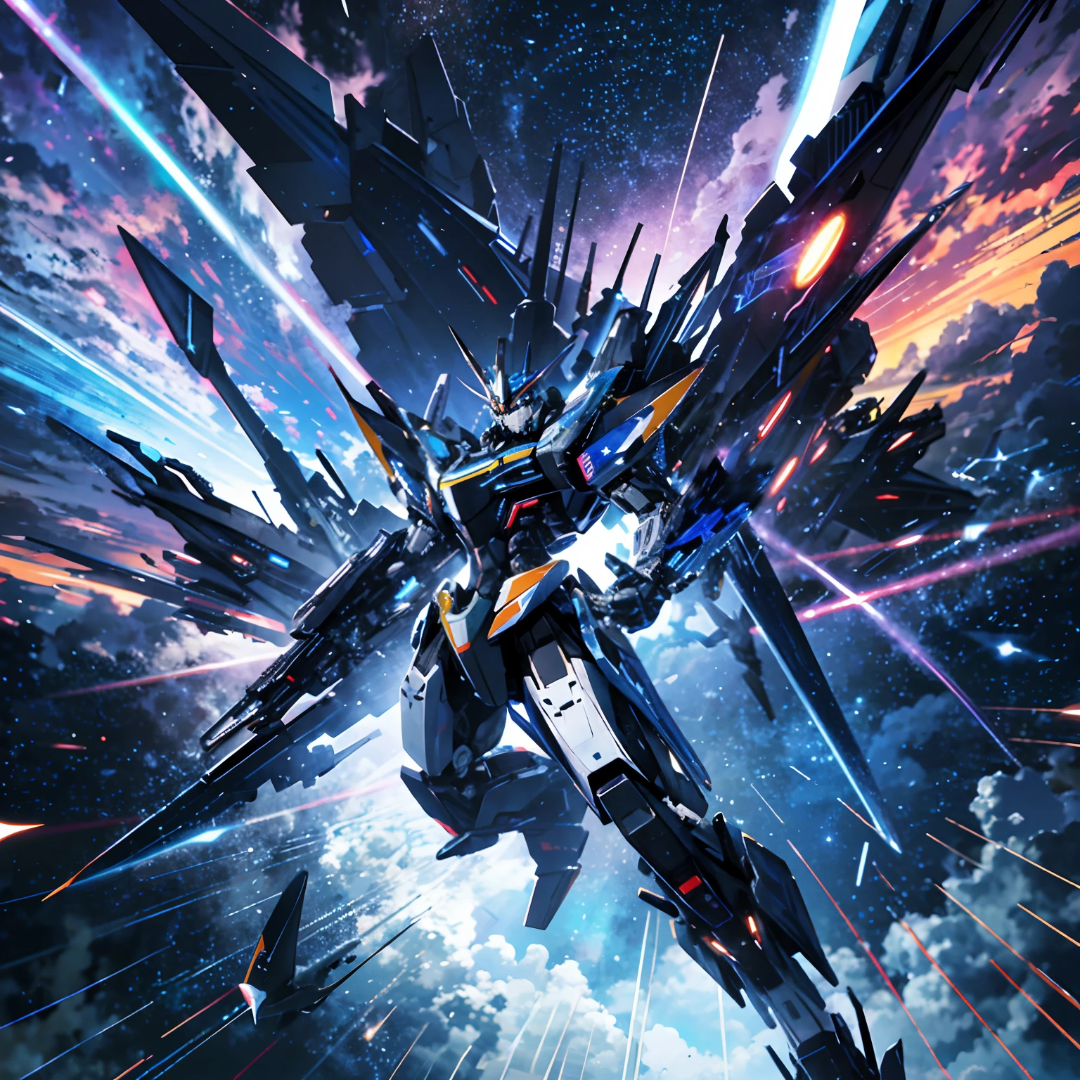 Absurd resolution, High resolution, (masutepiece: 1.4), Hyper-detailing, mechs, Blue airplane with blue wings, Flying in the sky (1.8) The background is wild, thunder、cosmic space、Wearing lightning、Emitting lines、warp、boost、teleportation、High-speed movement