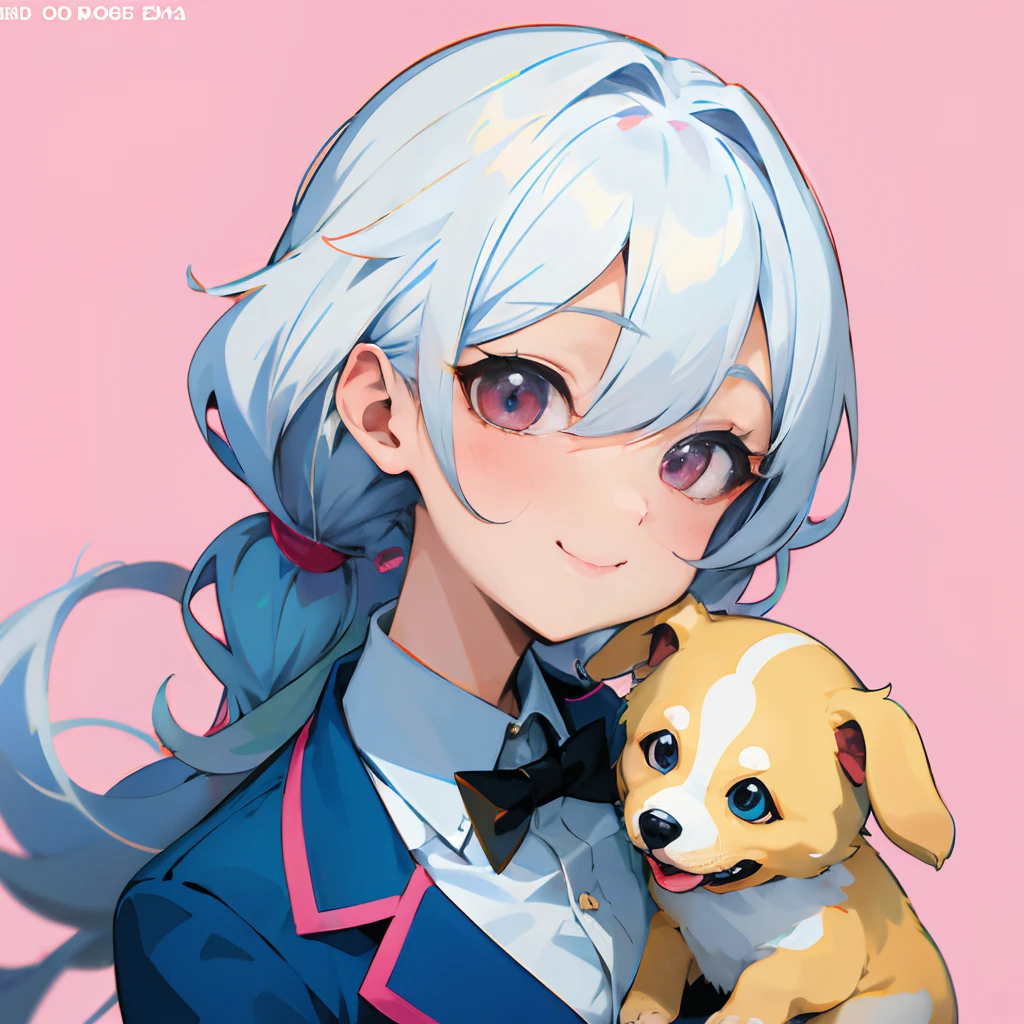 Anime girl with silver hair and pink eye edging, official artwork, , Lori, anime style portrait, anime moe art style, 2 d anime style, Cute art style, Stylized anime, Anime Art Style, Anime style. 8K, anime style 4 k, Anime Art Style, digital anime art!!、White puppy、fluffly、Baby Golden Retriever、blanche、Vigorous、A charming smile、Office Lady Style Clothes、Wearing a suit、Deformed puppy、raise the front paws、