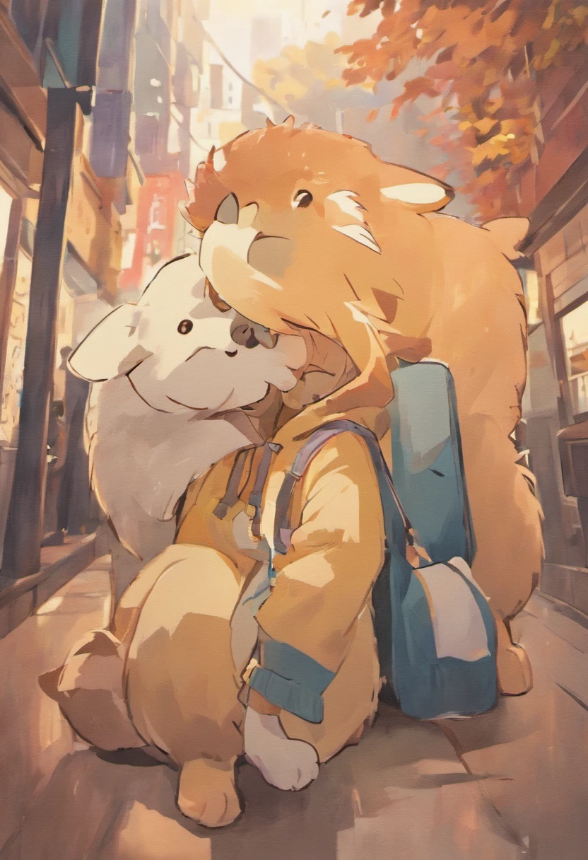 photoRealstic、How to draw a cute picture ((Akita🐧)) Go on an adventure, Cute look, A ((Small Bag Pack)) In the back of the Akita Inu, hard disk ,Soft contrast, ((Fluffy Akita Inu🐧)), Adorable
