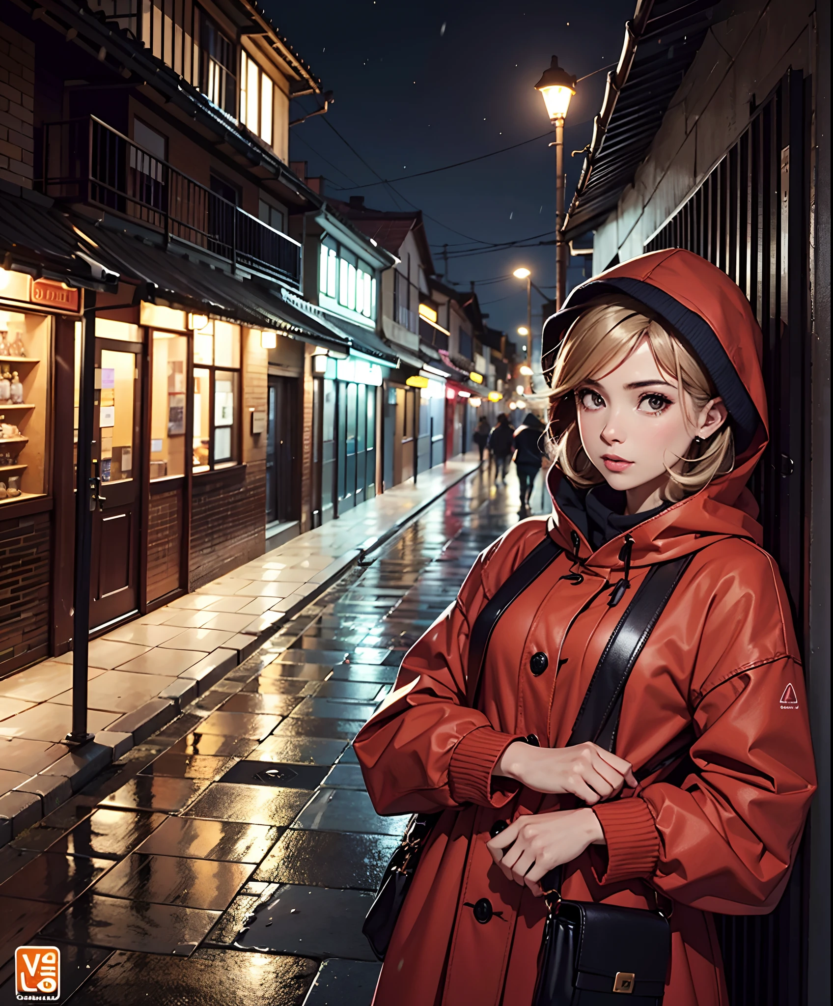 Menina, de costas, capa, vermelha, chuva, pingos de chuva
