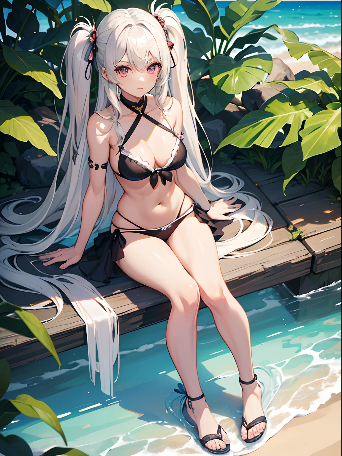 ((Best Quality)), (ultra-detailliert), ((Extremely detailed)), (Beautiful), ((Kawaii Girl)),(two side up hair)、((masutepiece)),Platinum Blonde Hair,Long hair, hair between eye, Wavy Hair, Long sideburns,Jade-colored eyes, White skin,Normal Chest,Slender body,Cross Halter Bikini,Sandals,Sitting,in beach,Look Camera,One Woman,Anime