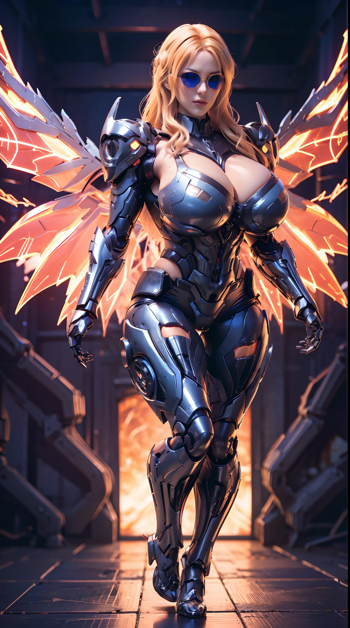 (Nsfw:1), (PHOENIX HEAD), HUGE FAKE BOOBS, (BEAUTIFUL FACE), (BLONDE HAIR), (RGB:1), (TACTICAL GLASSES:1.3), (MECHA ARMORED GEAR), (((A PAIR OF HUGE MECHANICAL WINGS SPREAD OUT))), FUTURISTIC MECHA SUIT, (CLEAVAGE), (SKINTIGHT YOGA PANTS), (PERFECT BODY:1.2), (FULL BODY VIEW), FRONT, (STANDING:1), (MECHANICAL HIGH HEELS), MUSCLE ABS, UHD, 8K, 1080P.