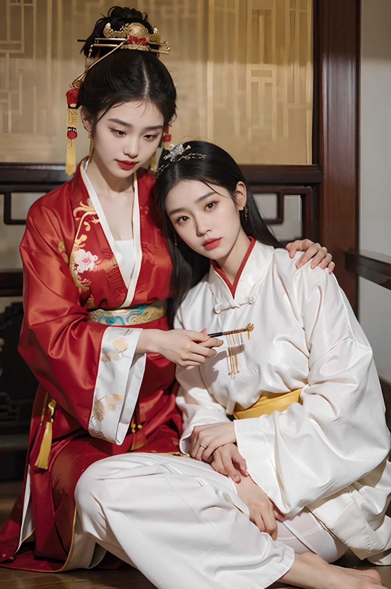 a couple of lesbians sitting together,Taoist,single hairbun,(an ancient Chinese hairstick on her head:1.5),Use mahogany hairpins,(reveals transparent clothing),leering:1.4,Reveals translucent lace panties,(ulzzang-6500-v1.3,pureeroface_v1,octane rendering),elegant pose,xxmix girl woman,perfect composition golden ratio, masterpiece, best quality, 4k, sharp focus. Better hand, perfect anatomy.