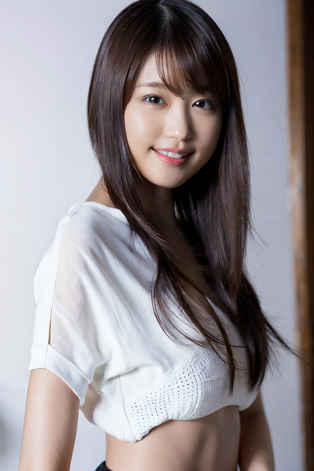 (8k, RAW photo, best quality, masterpiece:1.2), (photorealistic:1.6), (masterpiece),(best quality:1.0), (ultra highres:1.0), detailed, 40yo girl , solo , detailed beautiful skin, Detailed room, realistic skin, medium breasts, best quality, super high resolution, cute, long hair, smile, white shirt, sitting on bed,