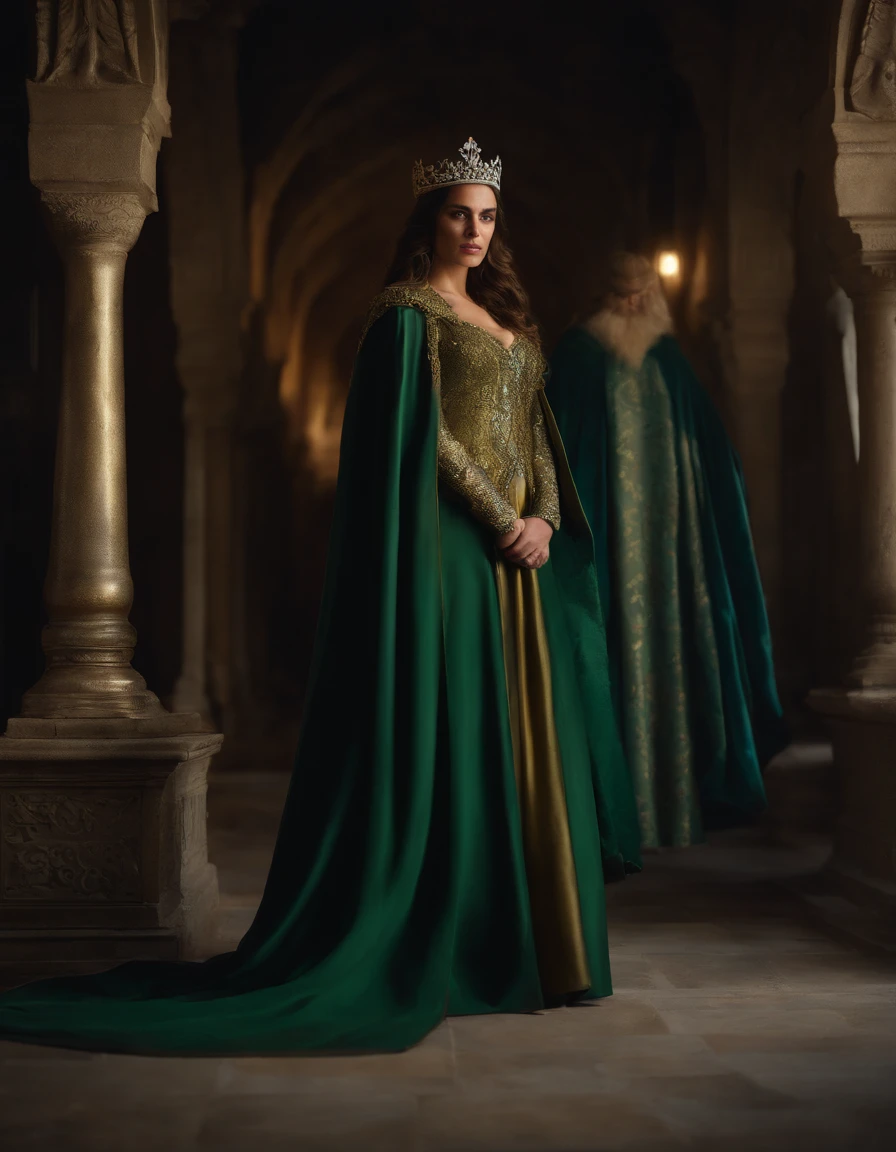 Woman with a gold tiara on her head and a navy green winter cloak with golden details, RPG personagem, Era medieval,Mulher elfa. Duende de cabelos ruivos, olhos azuis,Elfo da Floresta, Armadura Verde de Musgo,soft-lighting,Standing in the middle of the forest,floresta densa, fantastical setting,luz do dia,sunlight,Aprimoramentos de cores quentes,Paleta verde azul e amarelo, Arte estilo Guweiz, Artgerm extremamente detalhado, fundo detalhado do castelo, hiper detalhado, Directed by: Lee Jeffries, ultra-detalhado, (pele altamente detalhada: 1.2), 8k UHD, DSLR, soft-lighting, alta qualidade,Modelo IG | Artgerm,Ross, Non-Guweiz style artwork,  foto sincera POV, Por Lee Jeffries, Nikon D850 |, filme fotografia de estoque ,4 Kodak Portra 400, F1 camera lens,cores ricas, Hiper realista, Textura realista, lighting dramatic, cinestill 800