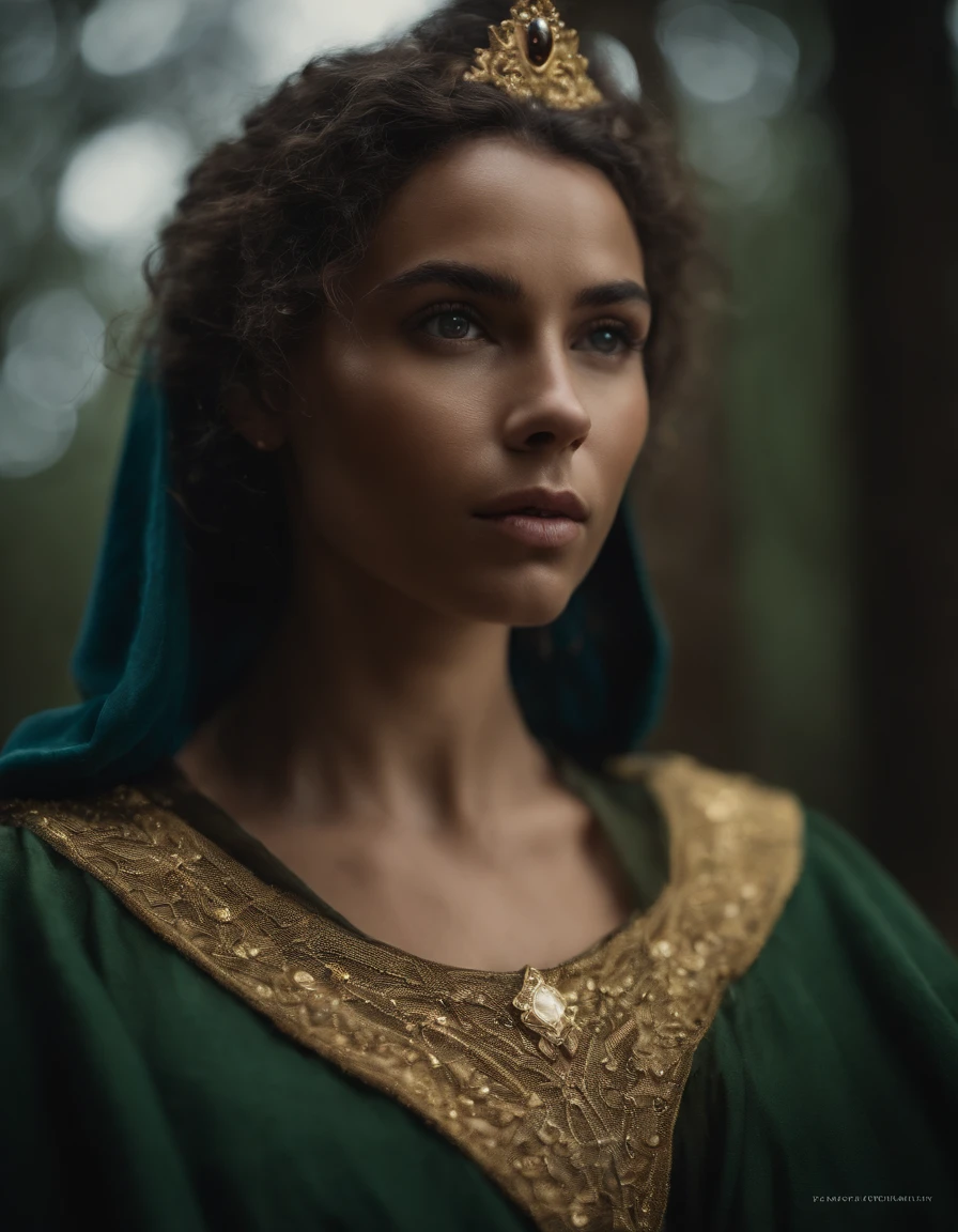 Woman with a gold tiara on her head and a navy green winter cloak with golden details, RPG personagem, Era medieval,Mulher elfa. Duende de cabelos ruivos, olhos azuis,Elfo da Floresta, Armadura Verde de Musgo,soft-lighting,Standing in the middle of the forest,floresta densa, fantastical setting,luz do dia,sunlight,Aprimoramentos de cores quentes,Paleta verde azul e amarelo, Arte estilo Guweiz, Artgerm extremamente detalhado, fundo detalhado do castelo, hiper detalhado, Directed by: Lee Jeffries, ultra-detalhado, (pele altamente detalhada: 1.2), 8k UHD, DSLR, soft-lighting, alta qualidade,Modelo IG | Artgerm,Ross, Non-Guweiz style artwork, foto sincera POV, Por Lee Jeffries, Nikon D850 |, filme fotografia de estoque ,4 Kodak Portra 400, F1 camera lens,cores ricas, Hiper realista, Textura realista, lighting dramatic, cinestill 800