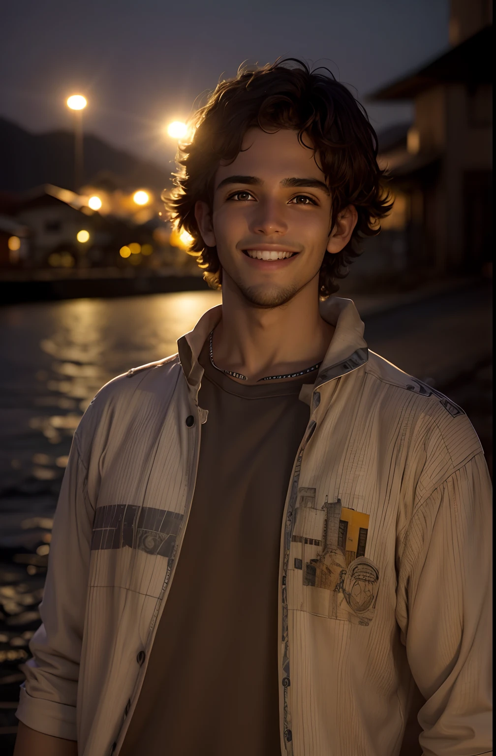 High resolution quality, novo, sorridente((feliz)), detalhamento da foto, fundo noturno da cidade, HDR