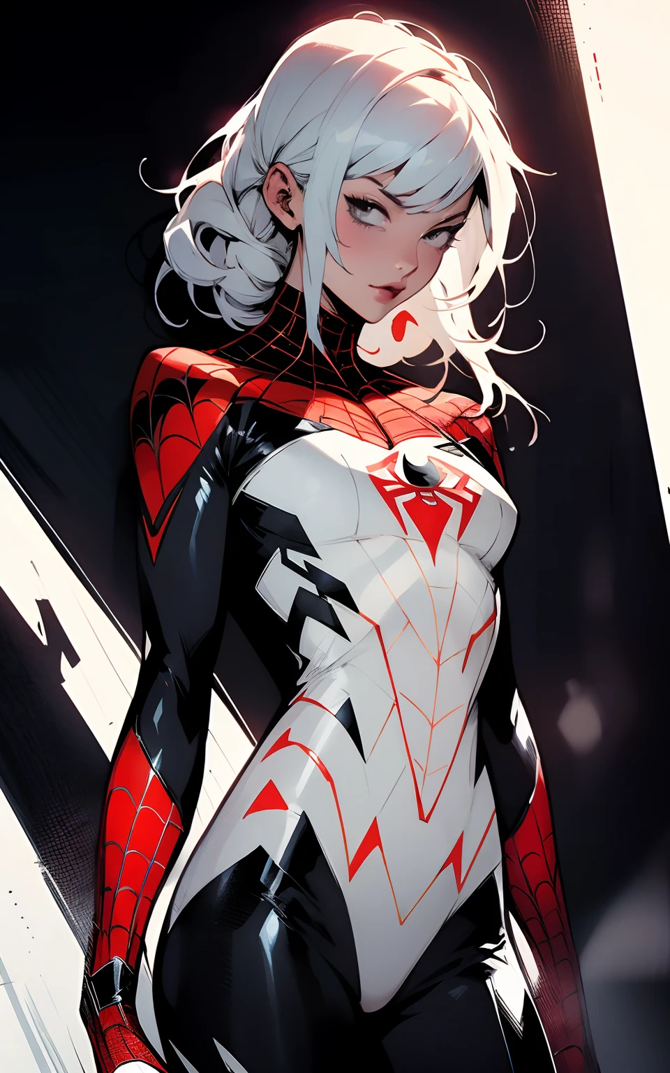 Reimagine Spiderman in anime style as a 27 years old female, sexy redesigned spider suit, black and white spider suit, unique pattern, illustration, masterpiece, 8k, High quality cinematic, cinematic