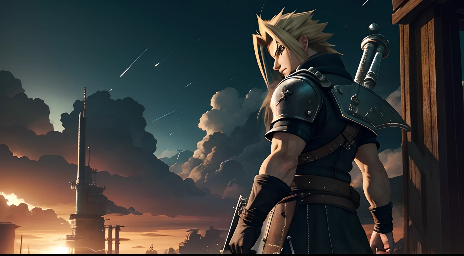 Papel de Parede de Final Fantasy VII [Personagem Inicial 1.2], [digital illustation], [Estilo de arte inspirado no design de jogos], [Inspiration from the game's initial character], [Instagram dos artistas], [High definition to highlight character details and settings], [Paleta de cores que remete ao universo de Final Fantasy VII], [Epic lighting enhancing the atmosphere of the game], [Macro camera lens to capture character details] [Perspectiva que destaque o personagem], [Artistic quality of digital illustration]