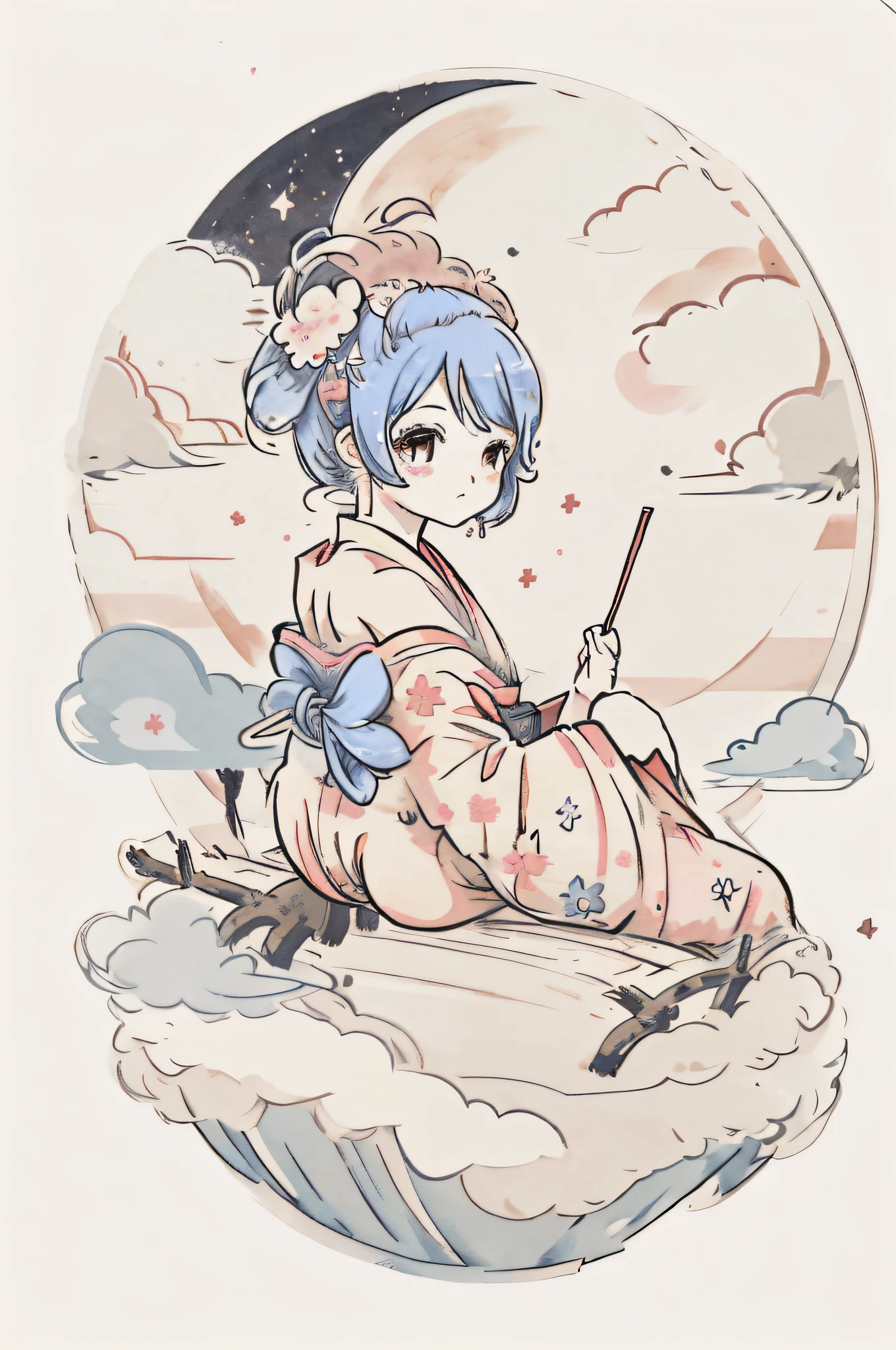 1 sticker, sticker, nikkaze, (cute girl), (gorgeous kimono), (gorgeous hair accessory), (Japanese traditional hairstyle), cherry blossoms, clouds, behind is a huge round moon, stars, white background, no background, simple background, minimal, cute, tiny, pastel color, vector style, no gradient