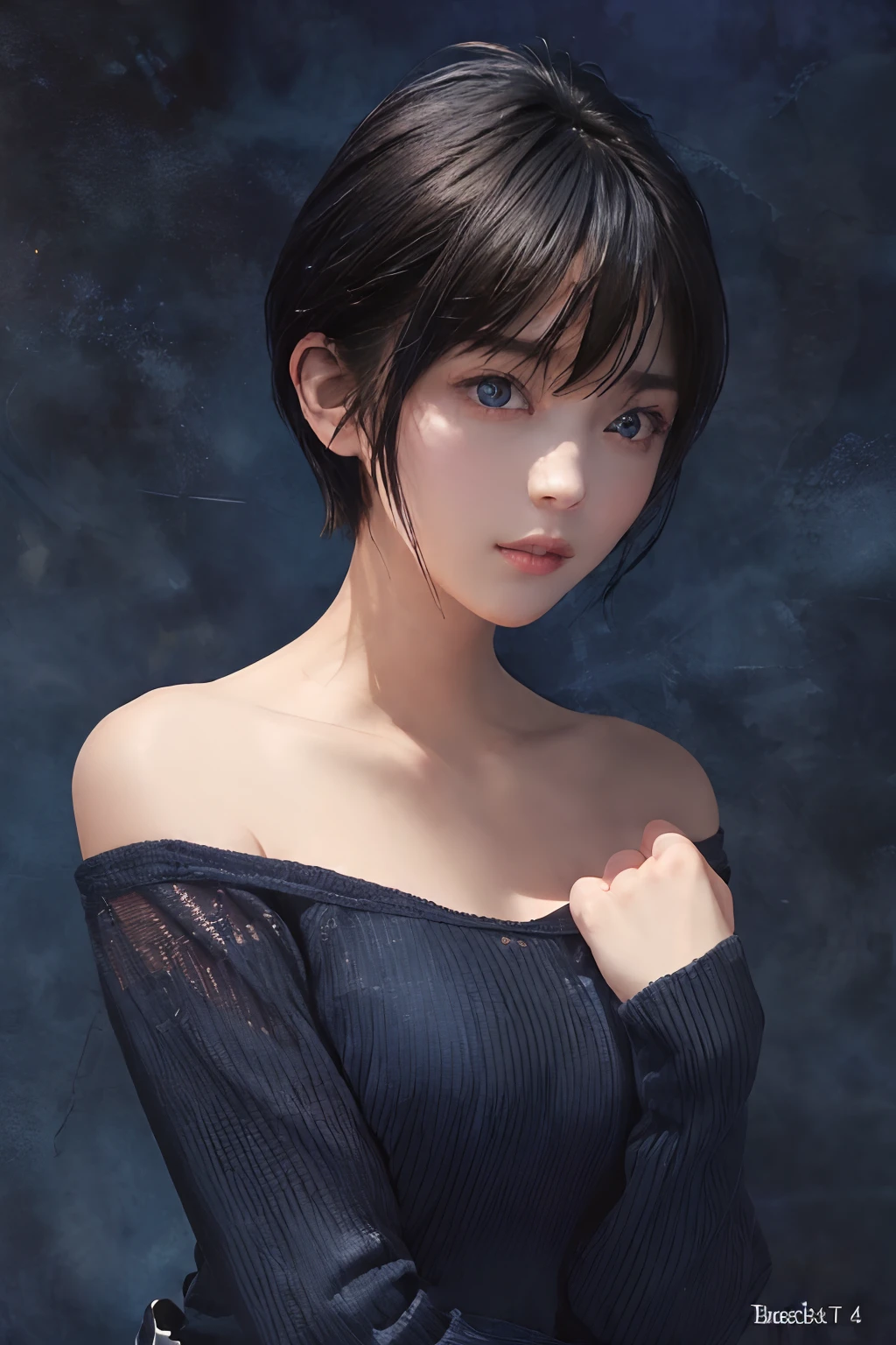 (Previous Focus)、(Dark: 1.6)、(masuter piece:1.3)、(32K、Photorealsitic、Raw photography、top-quality: 1.4)、(1girl in)、beautiful countenance、(Lifelike face)、(A dark-haired、short-hair:1.3)、Beautiful hairstyle、realisticeyes、Beautiful details、deep-shadows、(real looking skin)、Beautiful skins、(Sweaters:1.4)、absurderes、enticing、超A high resolution、A hyper-realistic、high-detail、the golden ratio、Above the chest、BREAK、(Dark blue background:1.6)