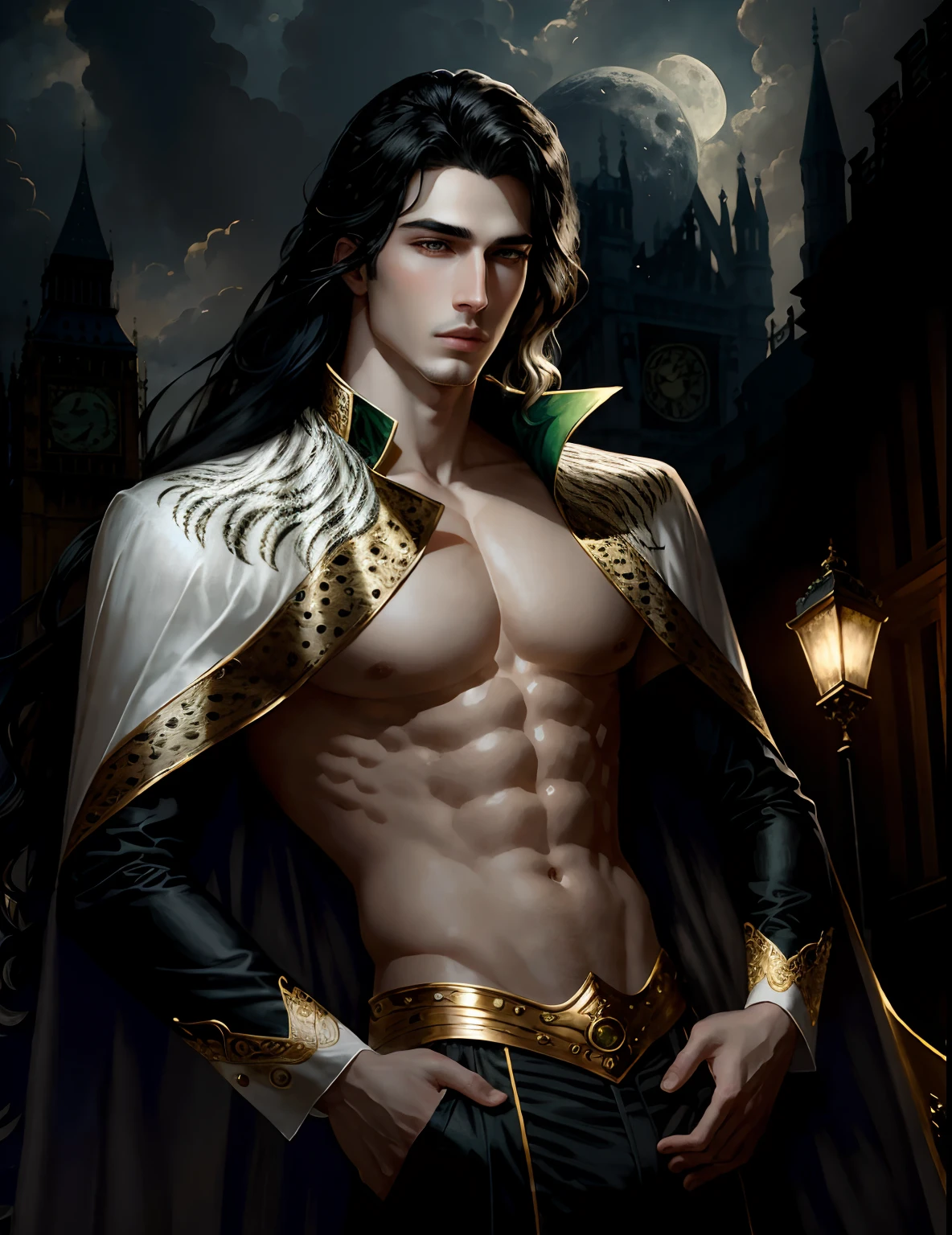 masterpiece, highest quality, (solo focus), (perfect face:1.1), (high detail:1.1),dramatic, 1guy, (pale skin), long white,black hair, green eyes, solo, long hair, moon, night, black,white luxury suit, covered navel, pouty lips, covered, London city, detailed background, art by artgerm and greg rutkowski, gothic renaissance, cinematic lighting, animal print, male Cruella de Vil, art by Heise Jinyao, by zeilyan