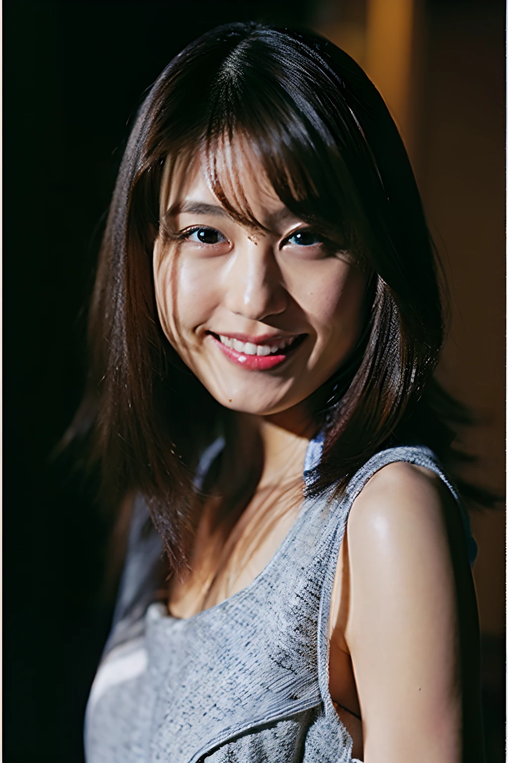 (8k, RAW photo, best quality, masterpiece:1.2), (realistic, photo-realistic:1.37), ultra-detailed, ultra high res,1 girl,looking at viewer,beautiful detailed face,smile,narrow,(slim waist:1.3),shirt, beautiful detailed skin, skin texture, floating hair,professional lighting,