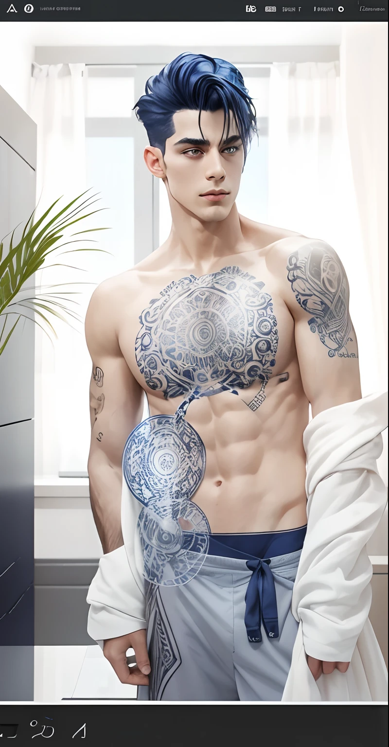 handsome male, navy blue hair, Shirtless with magic circles engraved on his body like a tattoo