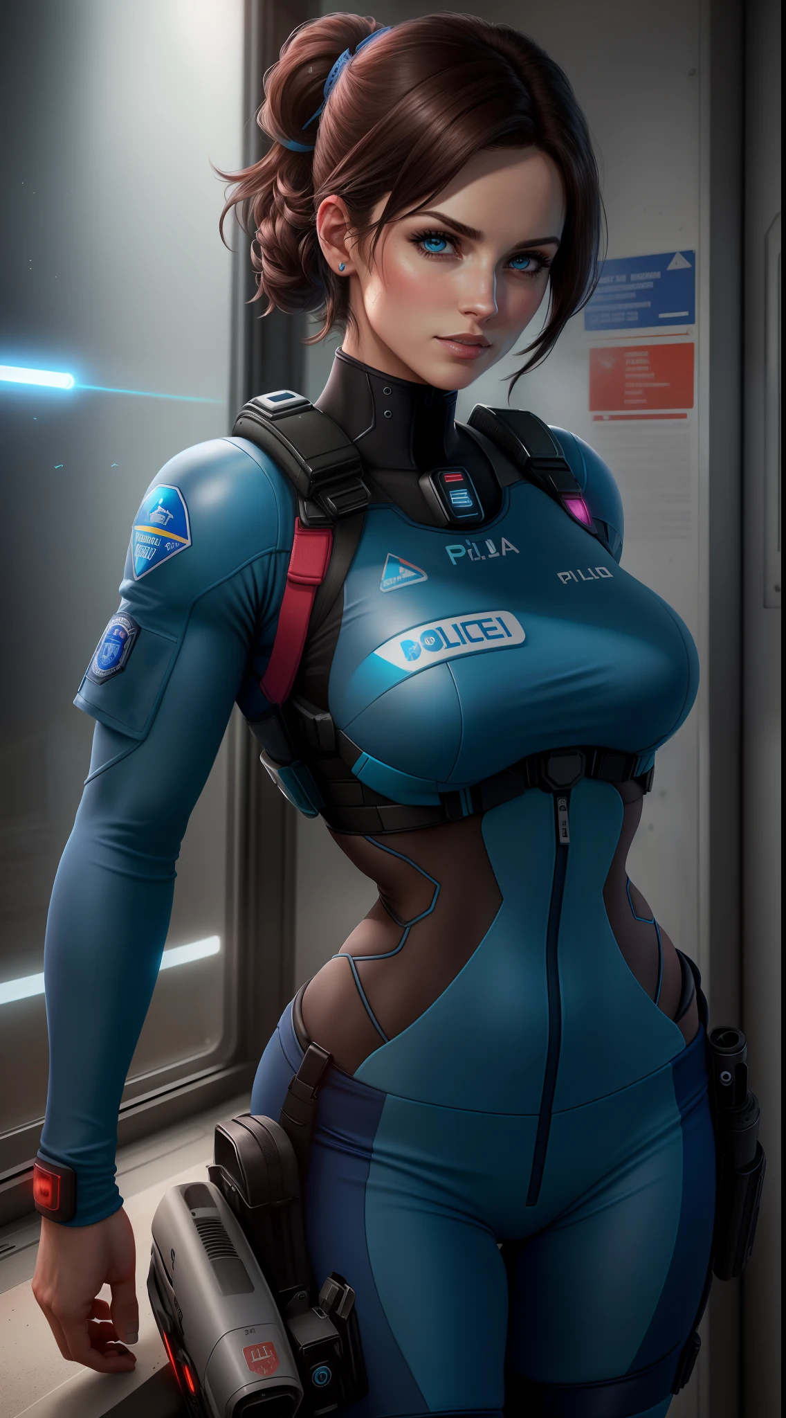 motor irreal:1.4,UHD,La mejor calidad:1.4, (fotorrealista:1.4),( textura de la piel:1.4), (obra maestra:1.8),((Jill Valentine de la serie Resident Evil))(Ella tiene grandes ojos azules brillantes)(labios rojos brillantes) (((Straight dark brown short hair)))(Maquillaje de sombras de ojos oscuras)((pechos grandes)) (cuerpo delgado perfecto) ((He wears a blue police suit)) ((posing sexy inside the police station)) (Sostenga la pistola en la mano)(a high definition, Dynamic volumetric lights and shadows)((obra maestra))(8k)(Cara perfecta)(Ultra detalles) (manos perfectas, ojos, y cara) (bats flying around),（Beautiful and detailed eye description） ,(Jupiter Station 2050) ,
