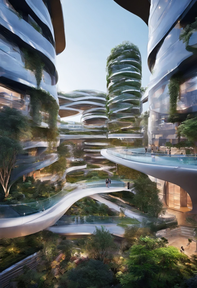 Urban design of the future，The shape of the building is special，There is a sense of design，aestheticly pleasing，Renderings，There are flowers，There are greenery， Rich in color