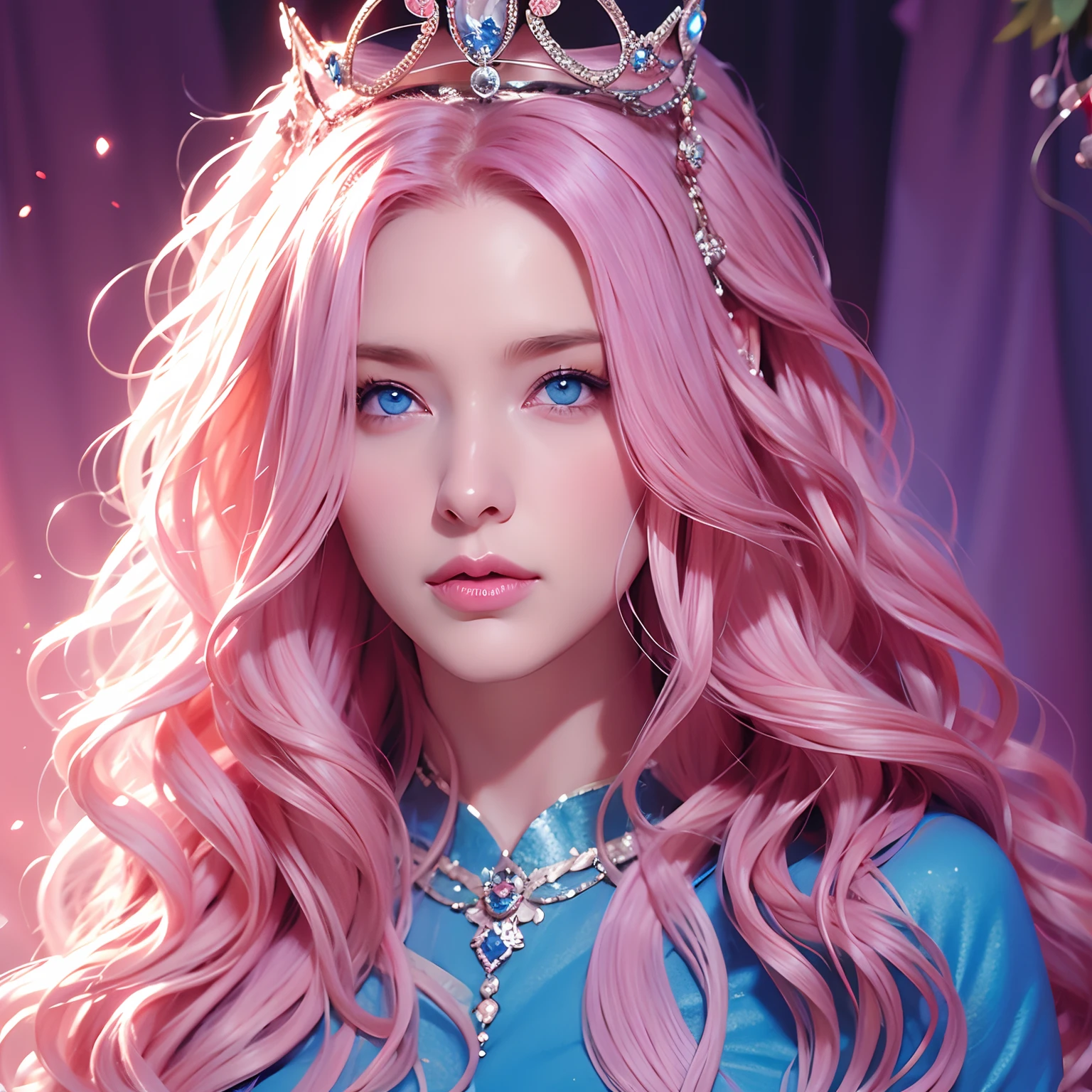 “Woman, long curly hair, pink hair, blue eyes, elf, Queen, crown, sexy