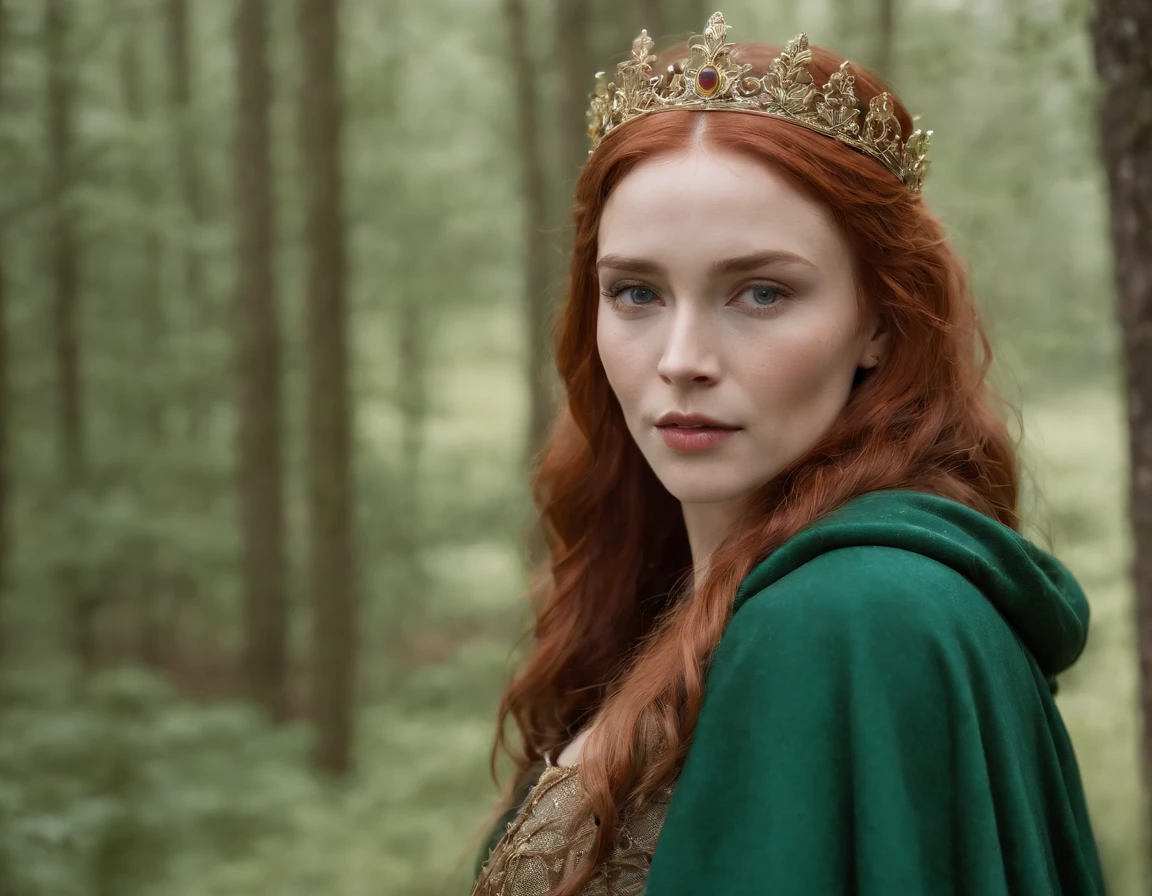 Red-haired woman with a golden tiara on her head and a navy green winter cloak with golden details, RPG personagem, Era medieval,Mulher elfa. Duende de cabelos ruivos, olhos azuis,Elfo da Floresta, Armadura Verde de Musgo,soft-lighting,Standing in the middle of the forest,floresta densa, fantastical setting,luz do dia,sunlight,Aprimoramentos de cores quentes,Paleta verde azul e amarelo, Arte estilo Guweiz, Artgerm extremamente detalhado, fundo detalhado do castelo, hiper detalhado, Directed by: Lee Jeffries, ultra-detalhado, (pele altamente detalhada: 1.2), 8k UHD, DSLR, soft-lighting, alta qualidade,Modelo IG | Artgerm,Horse, Non-Guweiz style artwork,  foto sincera POV, Por Lee Jeffries, Nikon D850 | |, filme fotografia de estoque ,4 Kodak Portra 400, F1 camera lens,cores ricas, Hiper realista, Textura realista, lighting dramatic, cinestill 800