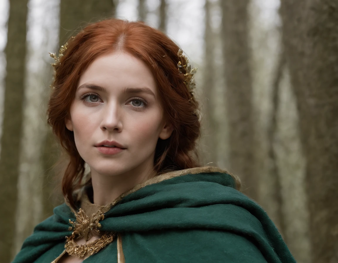 Red-haired woman with a golden tiara on her head and a navy green winter cloak with golden details, RPG personagem, Era medieval,Mulher elfa. Duende de cabelos ruivos, olhos azuis,Elfo da Floresta, Armadura Verde de Musgo,soft-lighting,Standing in the middle of the forest,floresta densa, fantastical setting,luz do dia,sunlight,Aprimoramentos de cores quentes,Paleta verde azul e amarelo, Arte estilo Guweiz, Artgerm extremamente detalhado, fundo detalhado do castelo, hiper detalhado, Directed by: Lee Jeffries, ultra-detalhado, (pele altamente detalhada: 1.2), 8k UHD, DSLR, soft-lighting, alta qualidade,Modelo IG | Artgerm,Horse, Non-Guweiz style artwork,  foto sincera POV, Por Lee Jeffries, Nikon D850 | |, filme fotografia de estoque ,4 Kodak Portra 400, F1 camera lens,cores ricas, Hiper realista, Textura realista, lighting dramatic, cinestill 800