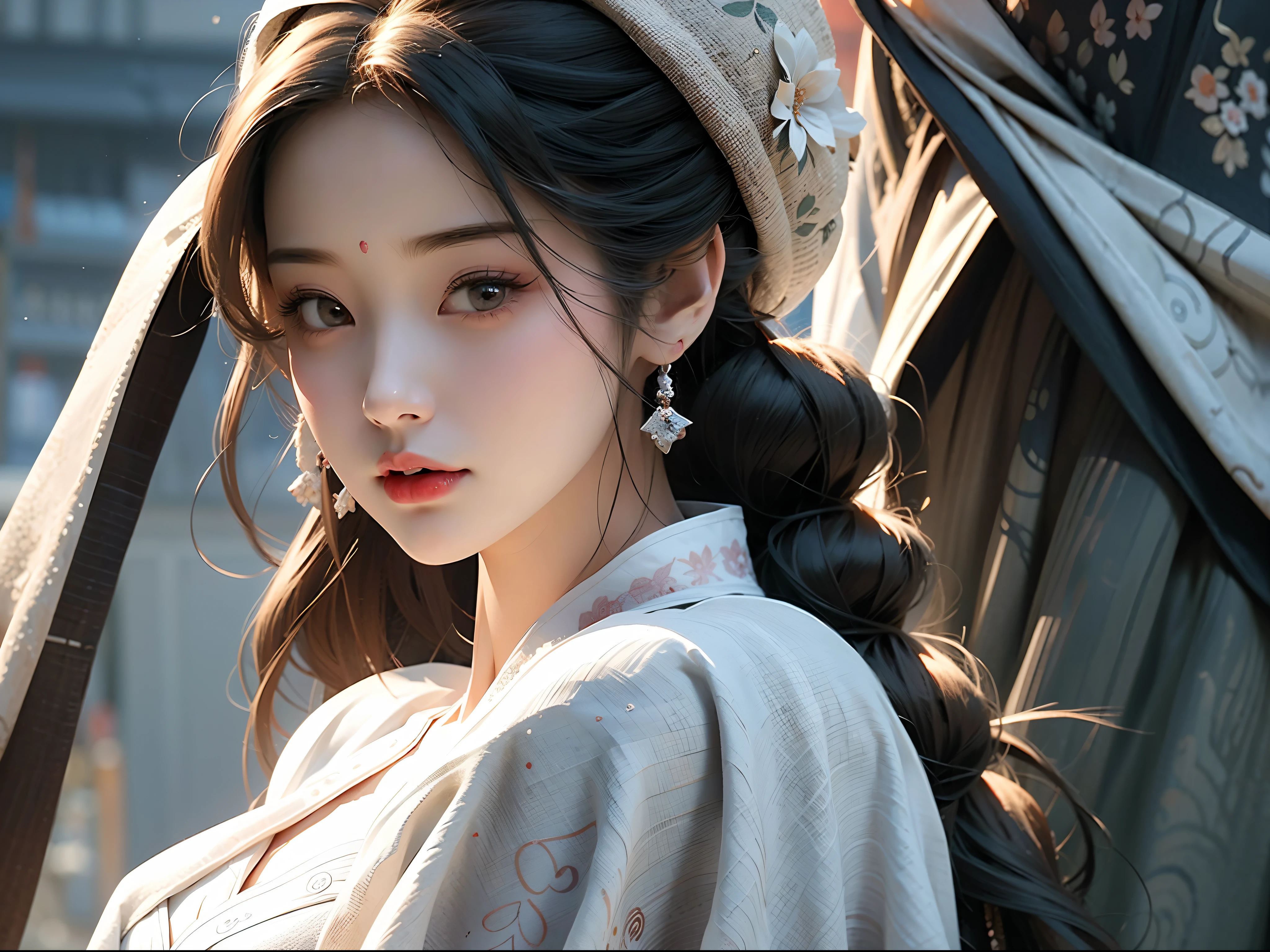 long whitr hair,Anime girl with white shirt and black hat, a beautiful anime portrait, Beautiful character painting, Guviz-style artwork, Guviz, Stunning anime face portrait, beautiful drawing style, Beautiful anime style, Beautiful anime girl, Chinese girl, traditional drawing style, Beautiful anime face, cute delicate face, Portrait of an anime girl,long skirt,The shirt,cleanness, , nuden, naked