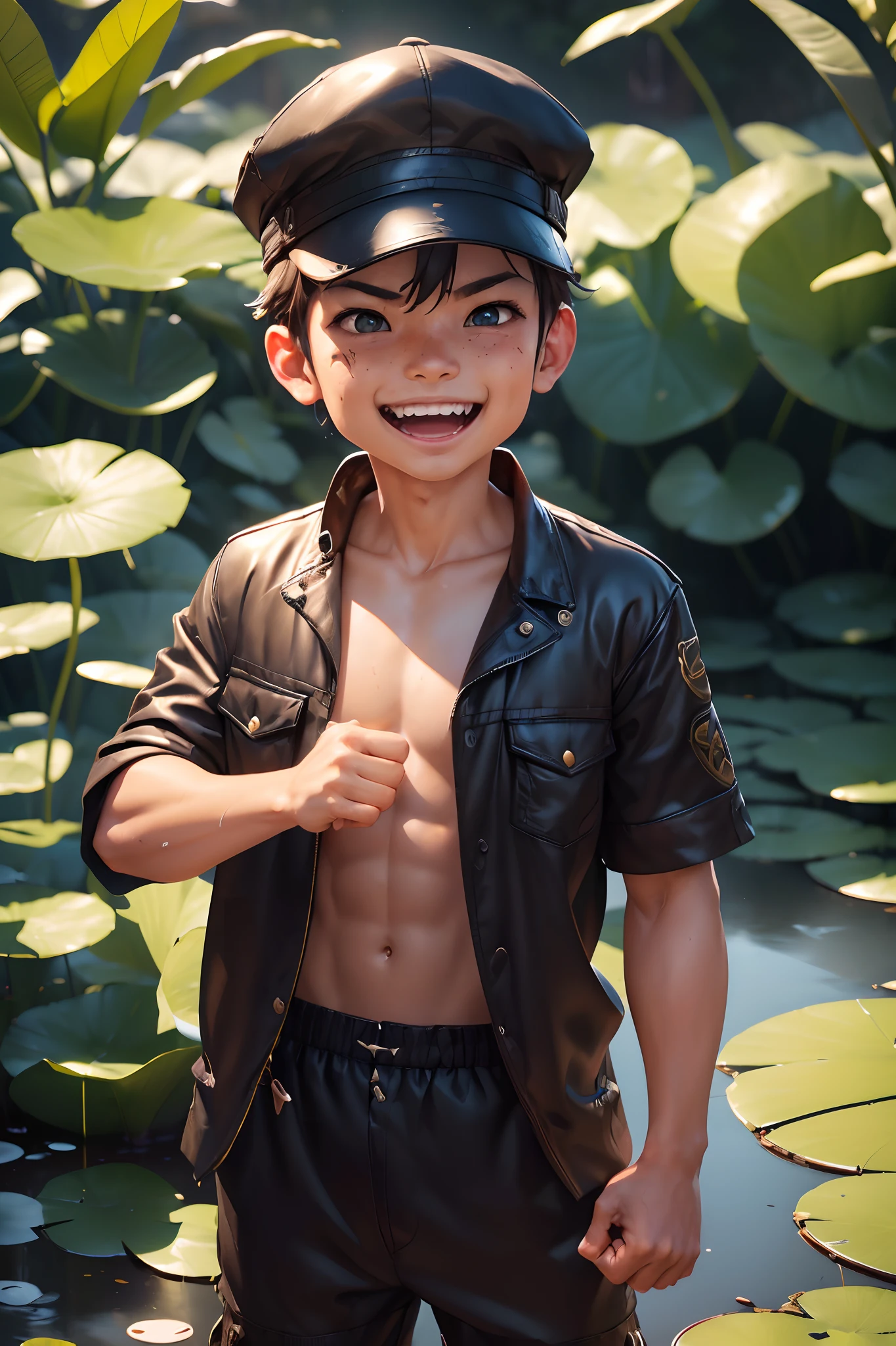 photore (TCr3ws:1), of a guy, (Chiba laughed with empty fists:1.3), (Face focus), ModelShoot style, (Extremely detailed Cg Unity 8K wallpaper), Intricate, High detail, Sharp focus, Dramatic, photorealistic painting art by midjourney and greg rutkowski , (Next to the lotus pond), (wear cap:1.1), (Detailed pupils:1.2), (dynamicposes:1.2),(closeup cleavage:1.1)