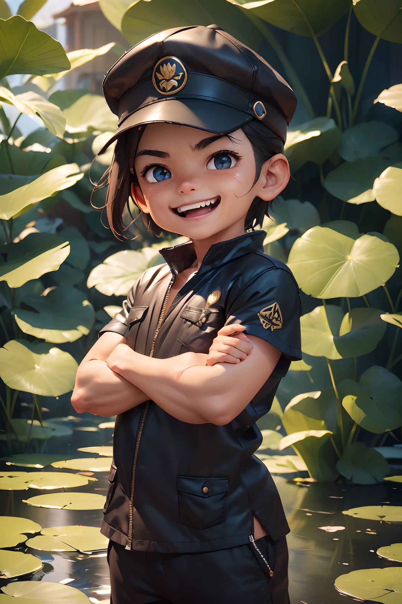 photore (TCr3ws:1), of a guy, (Chiba laughed with empty fists:1.3), (Face focus), ModelShoot style, (Extremely detailed Cg Unity 8K wallpaper), Intricate, High detail, Sharp focus, Dramatic, photorealistic painting art by midjourney and greg rutkowski , (Next to the lotus pond), (wear cap:1.1), (Detailed pupils:1.2), (dynamicposes:1.2),(closeup cleavage:1.1)