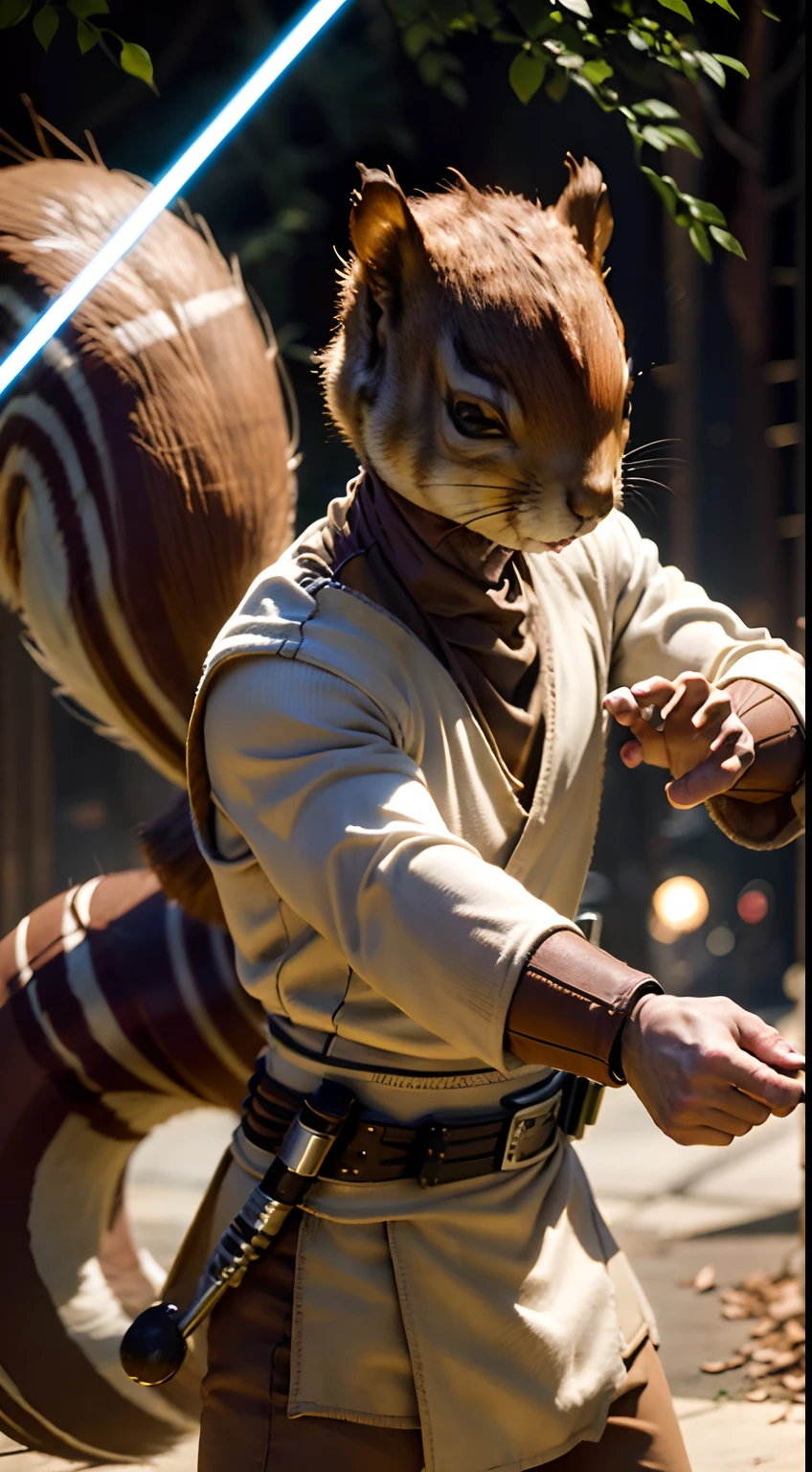 um esquilo ,em jedioutfit, segurando um sabre de luz, corpo masculino, ((squirrel head)), Corpo humanoide, action pose, animal, fuzzy