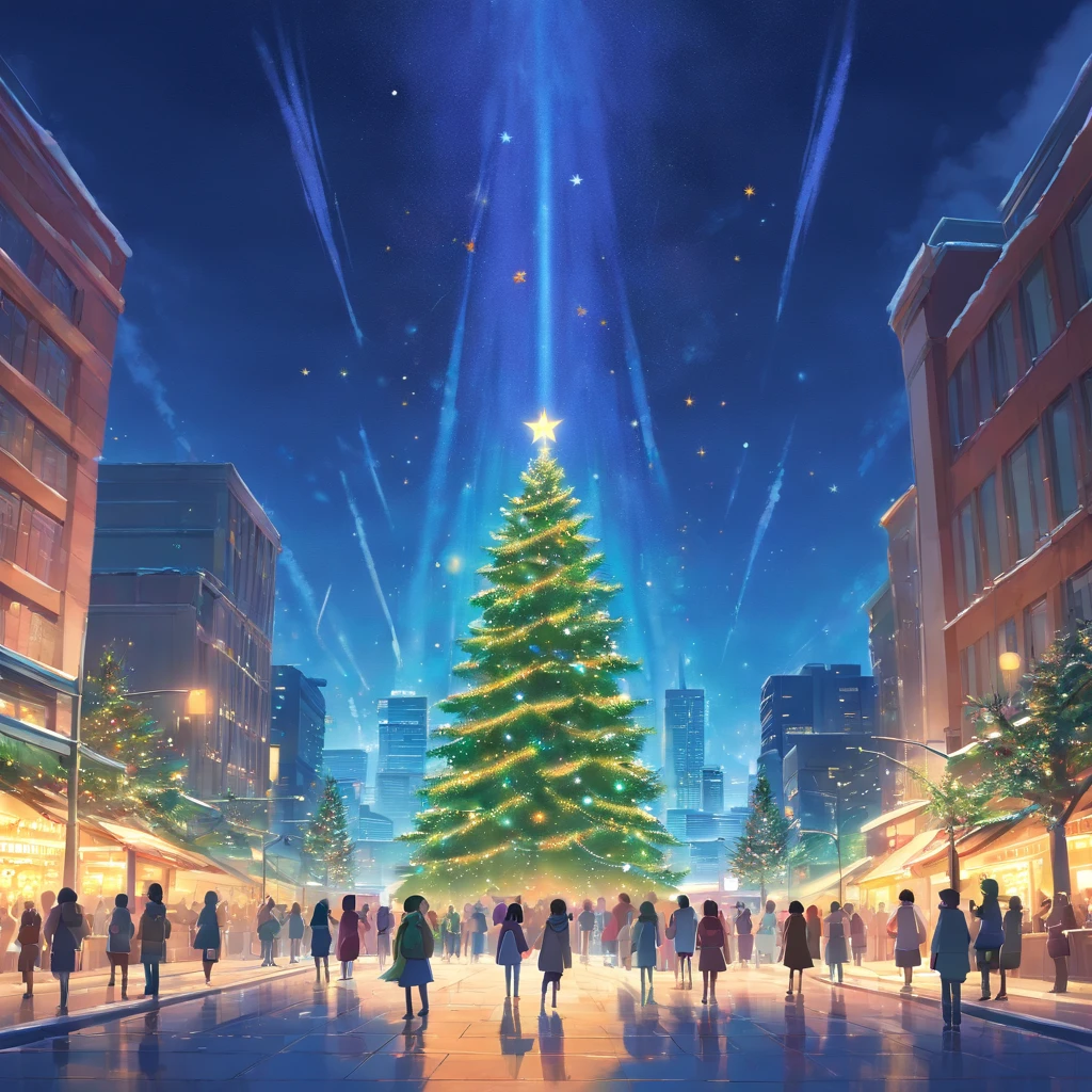 Navidad、ciudad、Big Christmas tree in the center、Inviernos、Noche、24 de diciembre、People gathered in the tree々、