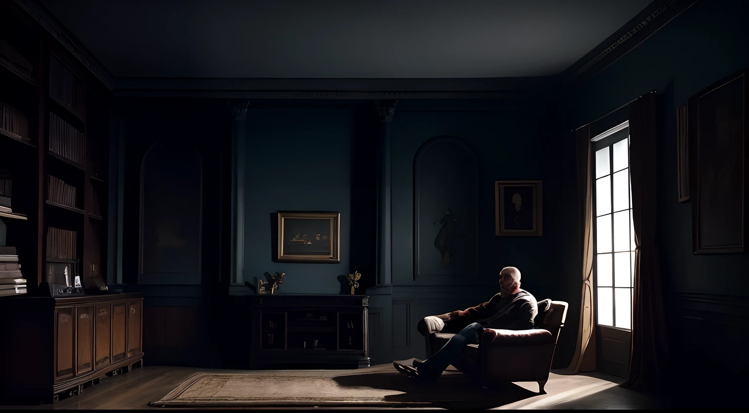 A silhouette of a middle-aged man sitting on a couch and reading an old picture book , Sala de estar, furniture, corvo, Raven standing above wardrobe, corvo olhando para o homem, estilo silent hill, visto de lado