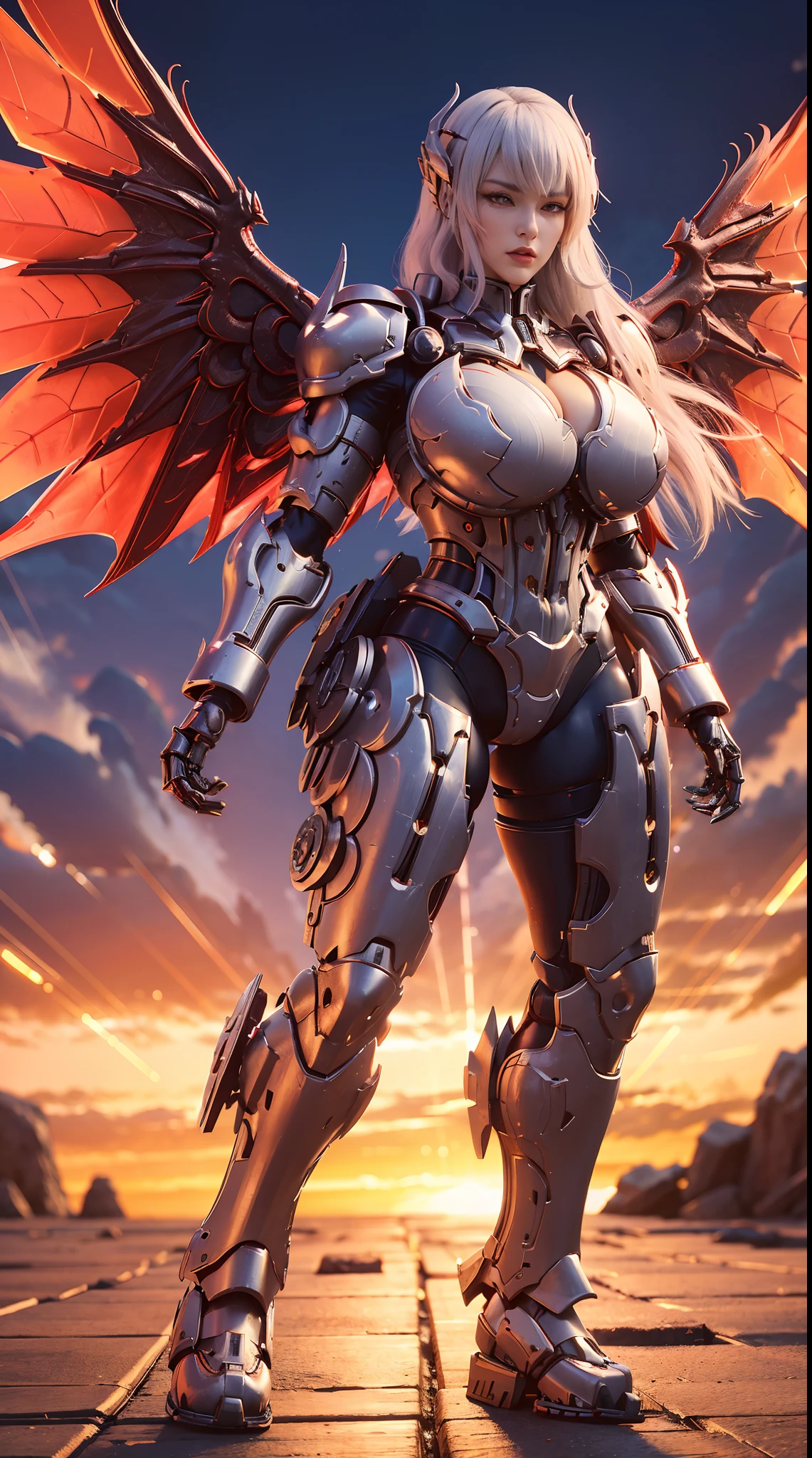 (DRAGON HEAD), HUGE FAKE BOOBS, (BEAUTIFUL FACE), (WHITE HAIR), (RED:1.2, BLACK:0.8, MECHA ARMORED GEAR), (((A PAIR OF HUGE MECHANICAL WINGS SPREAD OUT))), FUTURISTIC DRAGON MECHA SUIT, (CLEAVAGE), (SKINTIGHT YOGA PANTS), (PERFECT BODY:1.2), (FULL BODY VIEW), FRONT, (STANDING:1), SEXY MUSCULAR BODY, MUSCLE ABS, UHD, 8K, 1080P.