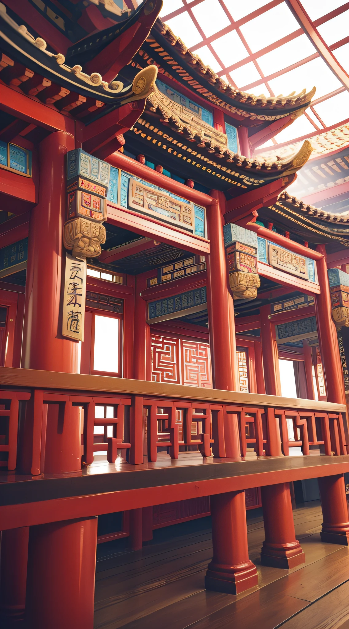The main hall of an ancient Chinese temple,There is a plaque on it,Exquisite interior,Depth of field effect,Be imaginative,fanciful,senior color matching,Can't believe how beautiful it is,Spectacular,face,16k