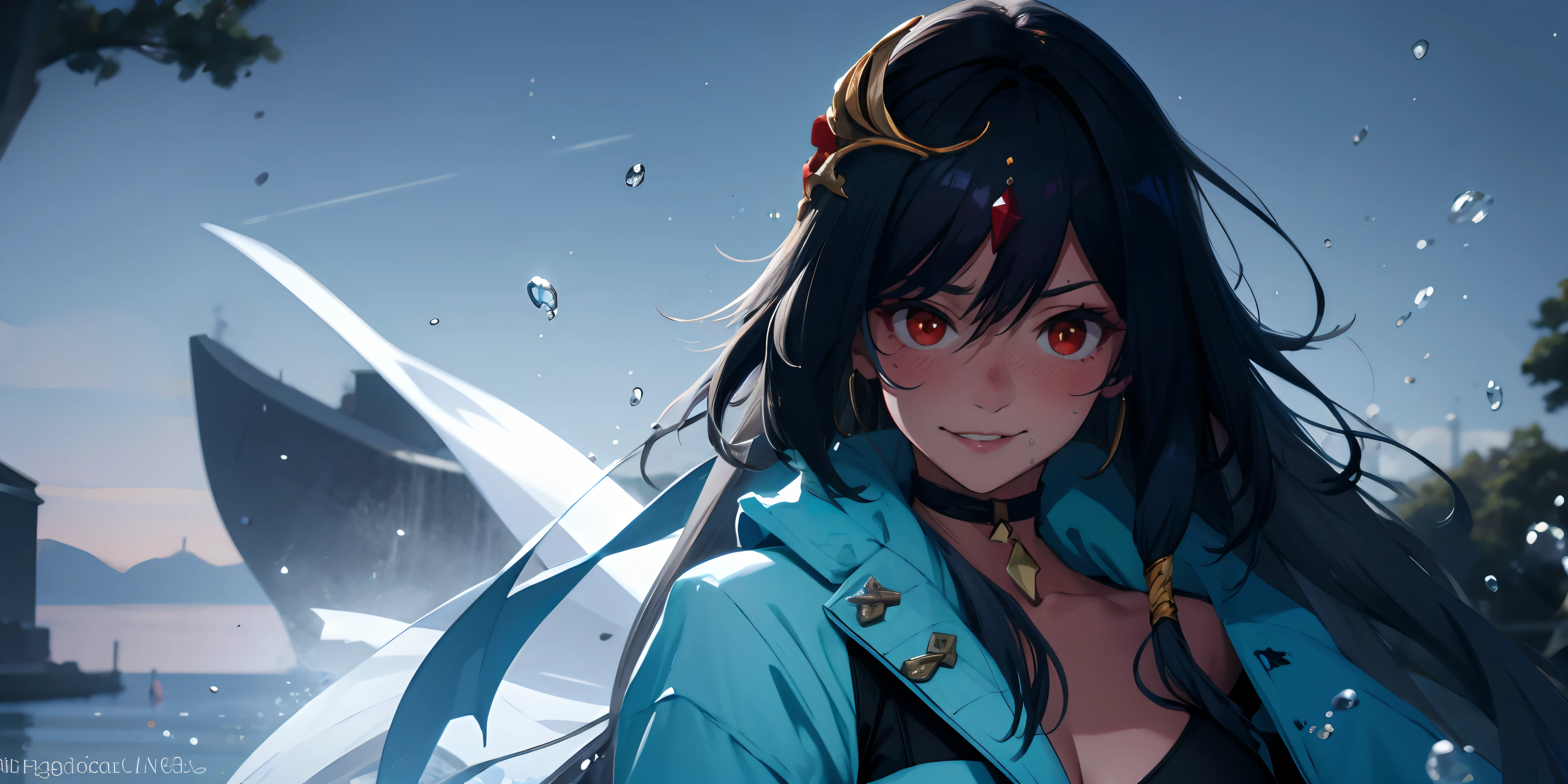senti, (grey hair, long hair:1.5), red eyes, hair ornament, 1girl, choker, black_choker, solo, breasts, blurry, cleavage, lips, looking_at_viewer, glasses, parted_lips, upper_body, collarbone, depth_of_field, eyelashes, water drop, highres, best quality, detailed, sharpness,