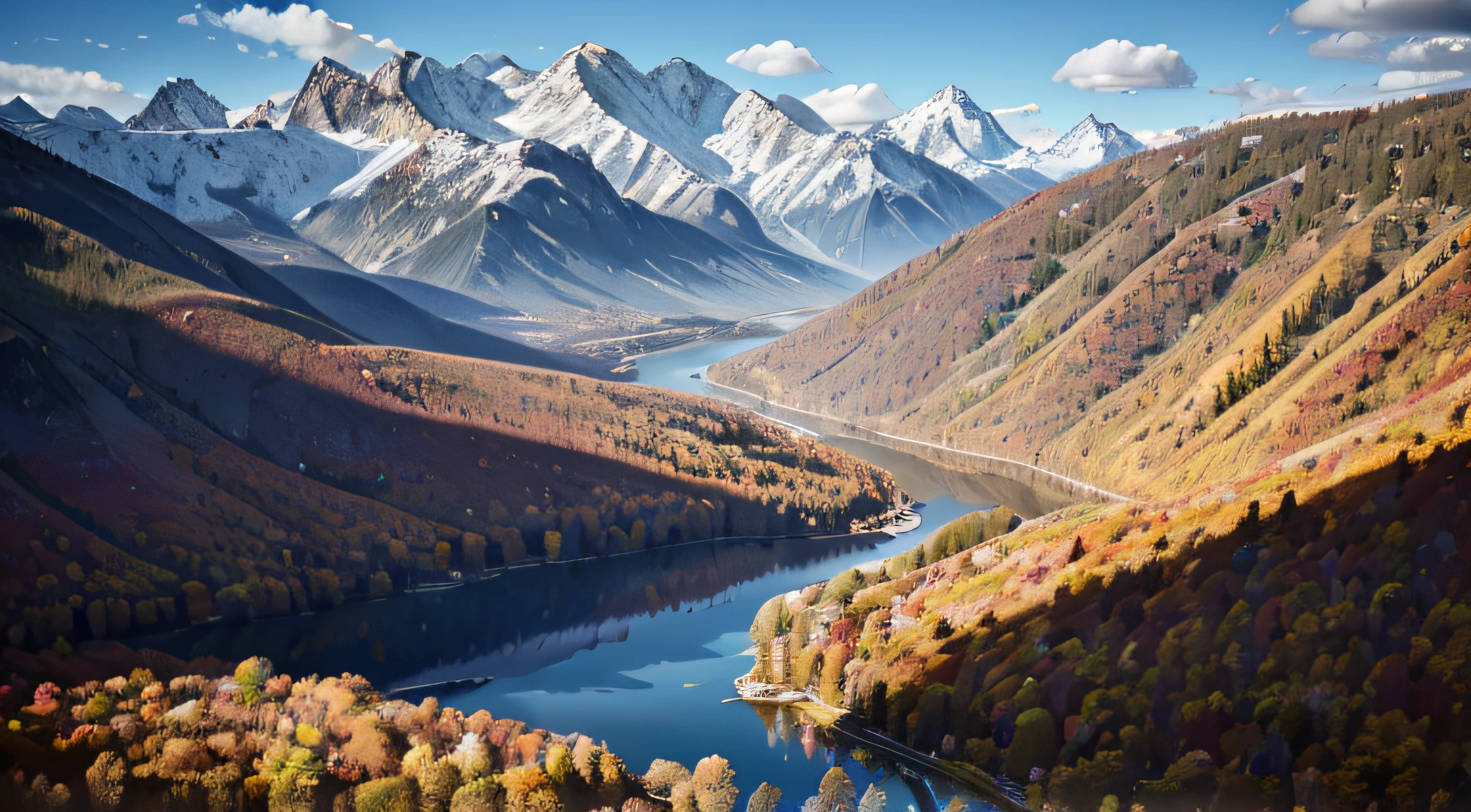 Ultrarealistic detail of trees in autumn colors, aerial viewpoint, colorful, mountains in background, lake in foreground, 8K, masterpiece