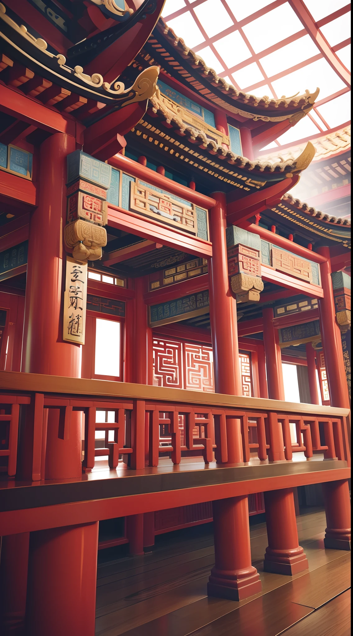 The main hall of an ancient Chinese temple,There is a plaque on it,Exquisite interior,Depth of field effect,Be imaginative,fanciful,senior color matching,Can't believe how beautiful it is,Spectacular,face,16k