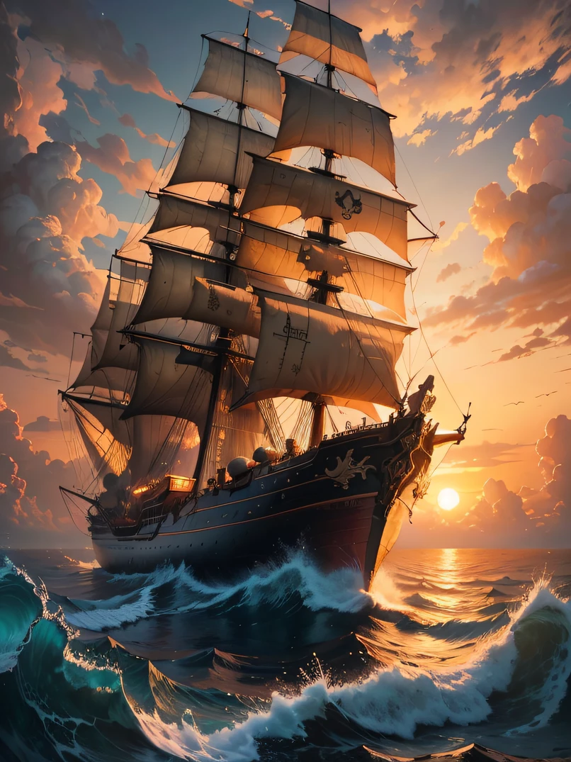 painting of a ship in the ocean with a sunset in the background, detailed cover artwork, amazing wallpaper, pirate ship, old pirate ship, gothic ship on ocean, 4k highly detailed digital art, burning ships, inspired by gaston bussiere, by Roman Bezpalkiv, detailed painting 4 k, by Arthur Pan, by Aleksander Gine