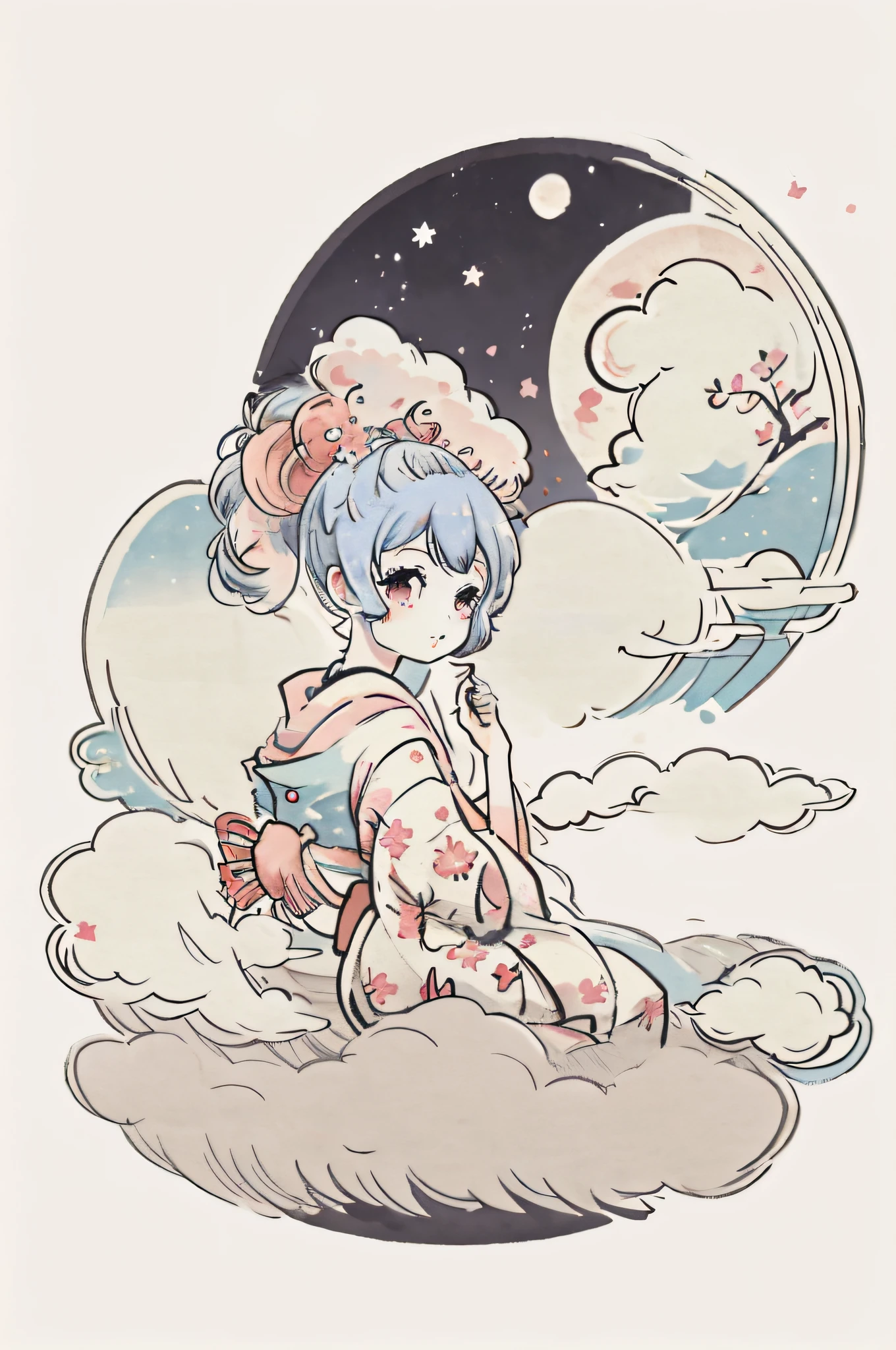 1 sticker, sticker, nikkaze, (cute girl), (gorgeous kimono), (gorgeous hair accessory), (Japanese traditional hairstyle), cherry blossoms, clouds, behind is a huge round moon, stars, white background, no background, simple background, minimal, cute, tiny, pastel color, vector style, no gradient