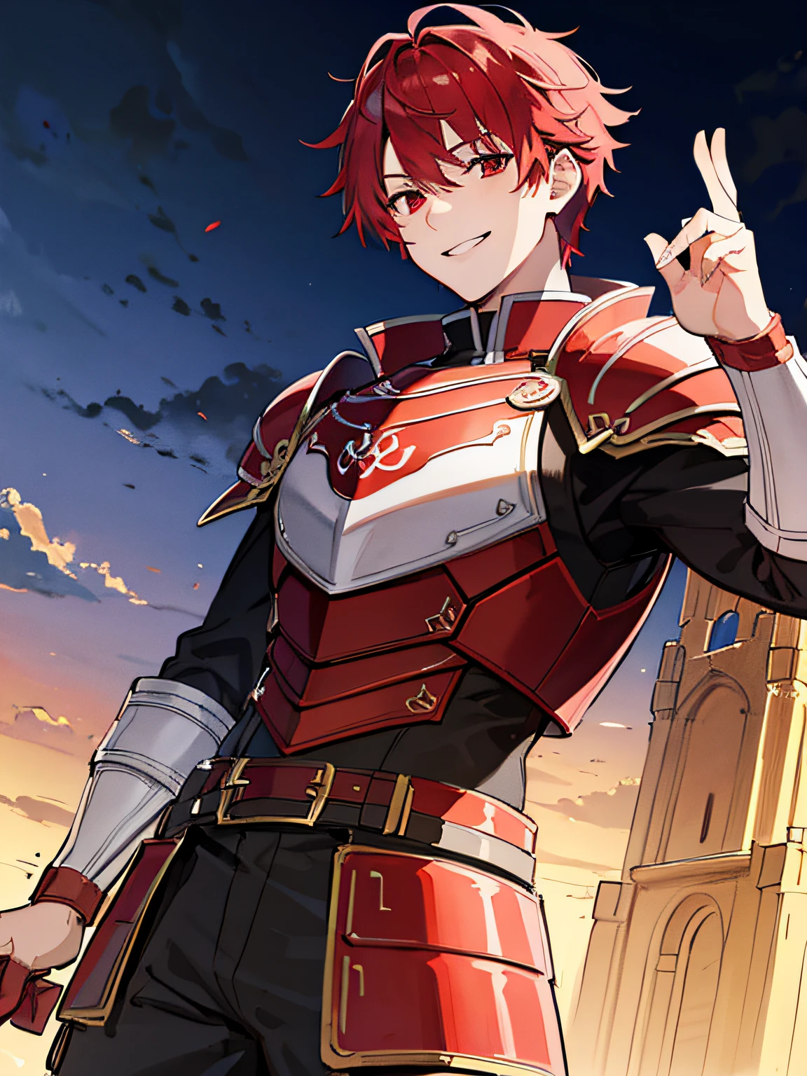 masterpiece, acura, 1boy, solo, adventurer clothes, red hair, armor, magnificent castle structure background, line drawing, looking at viewer, smiling, red eyes, flexing pose ((sketch))