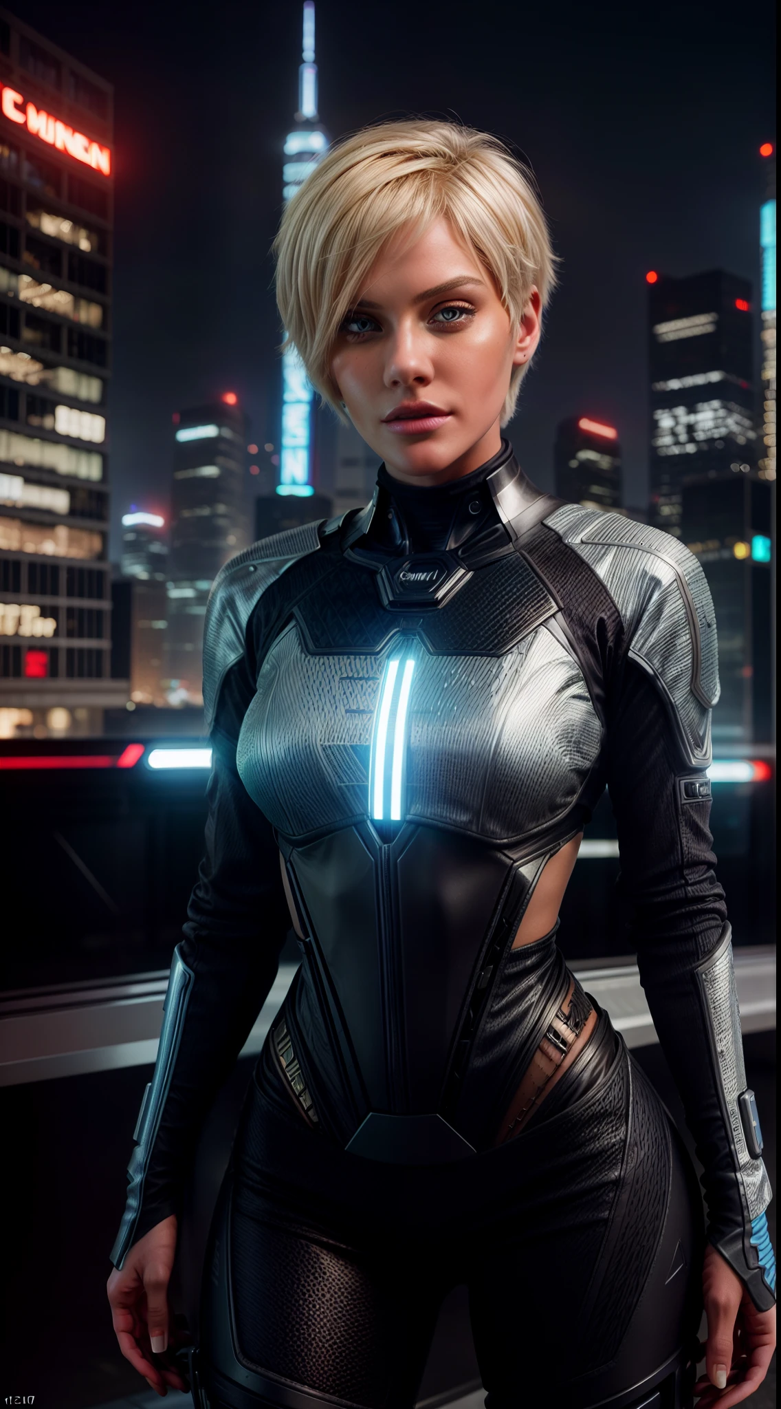 (highly detailed: 1.2), (canon EOS R6 best quality: 1.2), (8k: 1.0), (emb-rrf-low: 1.0), detailed face, hyper detailed eyes, sharp focus (awarded photo: 1.2), (subsurface scatter: 1.2), (subsurface scatter: 1.2). 1.1) (a beautiful ultra-detailed cyborg: 1.2), ( hyper-detailed hair: 1.2), (wonderful body: 1.2), (full body: 1.2), (dynamic stance :1.2), neon glow, (detailed cybernetic eyes:1.1), close-up (hyperrealistic:1.2), rpg, CyberPunk 2077 style, dramatic lighting, (highly detailed futuristic cityscape:1.2), (sci-fi: 1.2). 1.2), professional portrait photography, by wlop greg rutkowski jeffrey simpson alphonse mucha, blonde short hair emo pin up girl, striking a pose, midshot, centered image, ultra detail, extremely face detail, extremely eye detail, blonde short hair, blonde short hair, blonde short hair