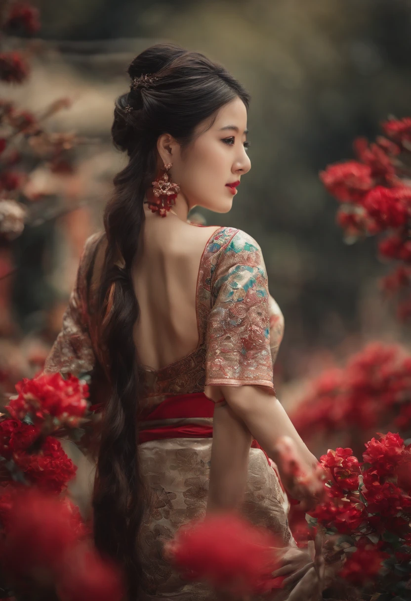 zhongfenghua, 1girll, Tik, Hanfu, Antique_China_architecture, flower field, Floral, (White smoke:1.3) (photorealistic portrait:1.4), zentangle, mandalas, entangle, offcial art, Unity 8k壁纸, Hyper-detailing, Beautiful and beautiful, Masterpiece,best qualtiy, (dynamic angle:1.4), glistning skin, (Colorful sparks float:1) The most beautiful forms of chaos, elegant, Fauvistdesign, vivd colour, Exotic romance, Depth of field._Dance, Red flowers