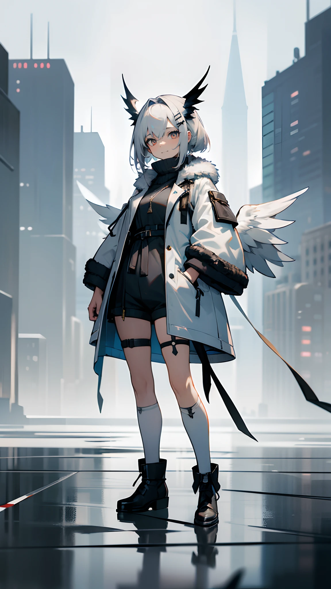 ((Masterpiece, highest quality)), detailed face, Full body, full of details, highly detailed, depth, many parts, 1girl,Smirk,Head wings,Medium hair,white_hair,Colored inner hair,Hairclip,hand in pocket,turtleneck,fur-trimmed coat,overcoat,fur-trimmed sleeves,short shorts,thigh strap,ankle socks,ankle boots,hood,city,midday,Hierarchical proportion,slit pupils,silver eyes,Volumetric Lighting,detailed and intricate,style of arknights,absurdres,depth of field,ribbon-trimmed legwear,reflection,White theme