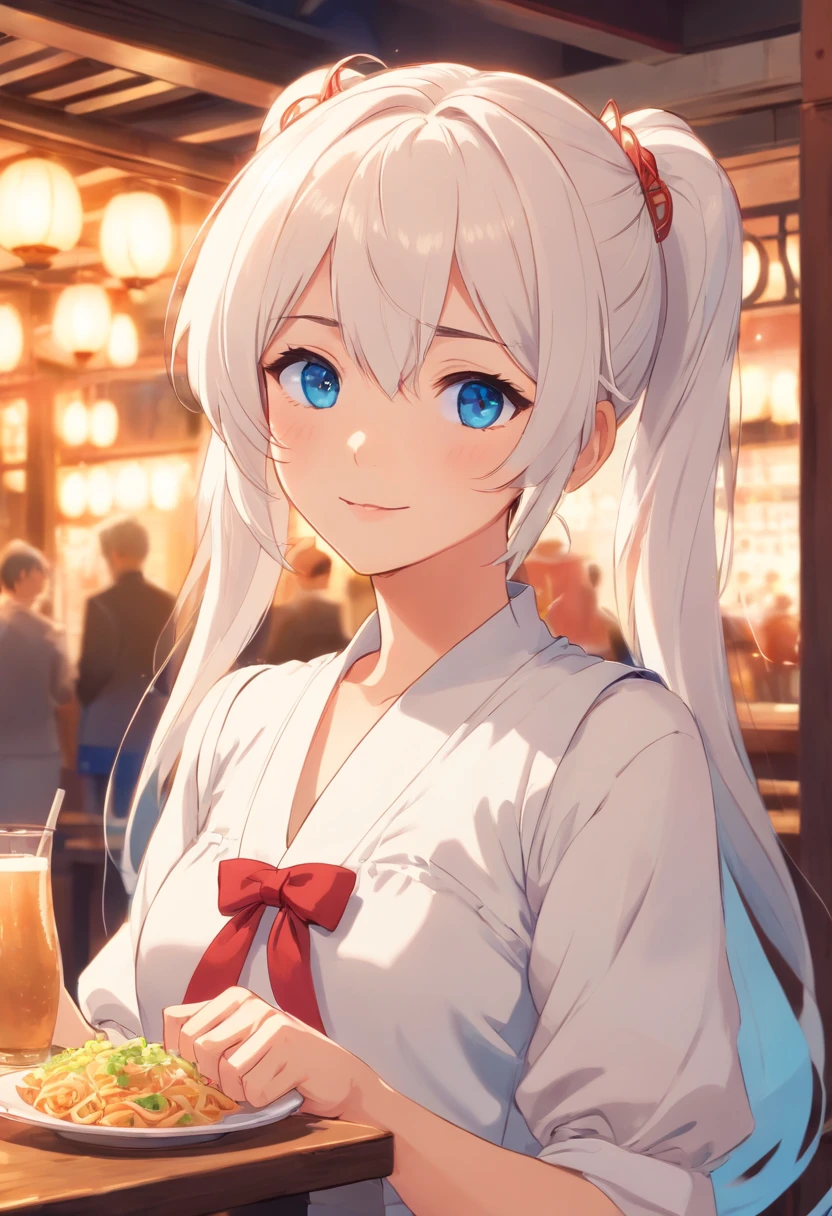 White color hair，Double ponytail curls，blue color eyes，White Lolita，Beth，grin，Inside a Persian tavern