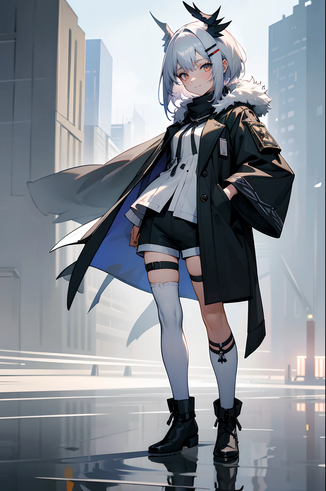 ((Masterpiece, highest quality)), detailed face, Full body, full of details, highly detailed, depth, many parts, 1girl,Smirk,Head wings,Medium hair,white_hair,Colored inner hair,Hairclip,hand in pocket,turtleneck,fur-trimmed coat,overcoat,fur-trimmed sleeves,short shorts,thigh strap,ankle socks,ankle boots,hood,city,midday,Hierarchical proportion,slit pupils,silver eyes,Volumetric Lighting,detailed and intricate,style of arknights,absurdres,depth of field,ribbon-trimmed legwear,reflection,White theme